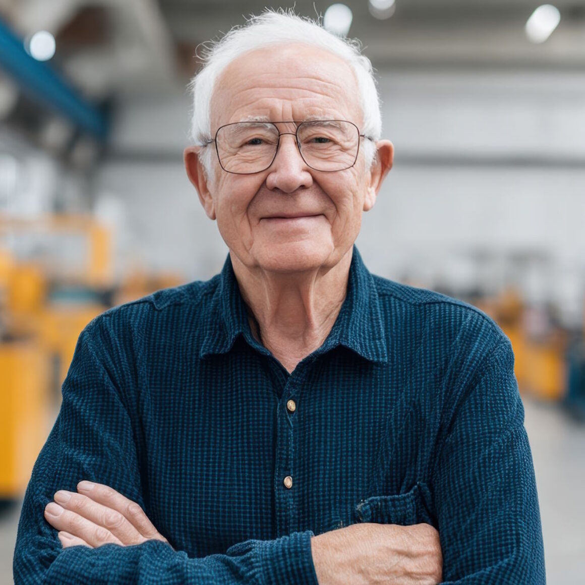 Ein älterer Mann steht in einer Industriehalle