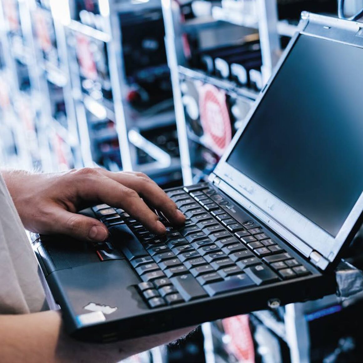 Eine Person hält einen geöffneten Laptop vor einem Großrechnern in der Hand