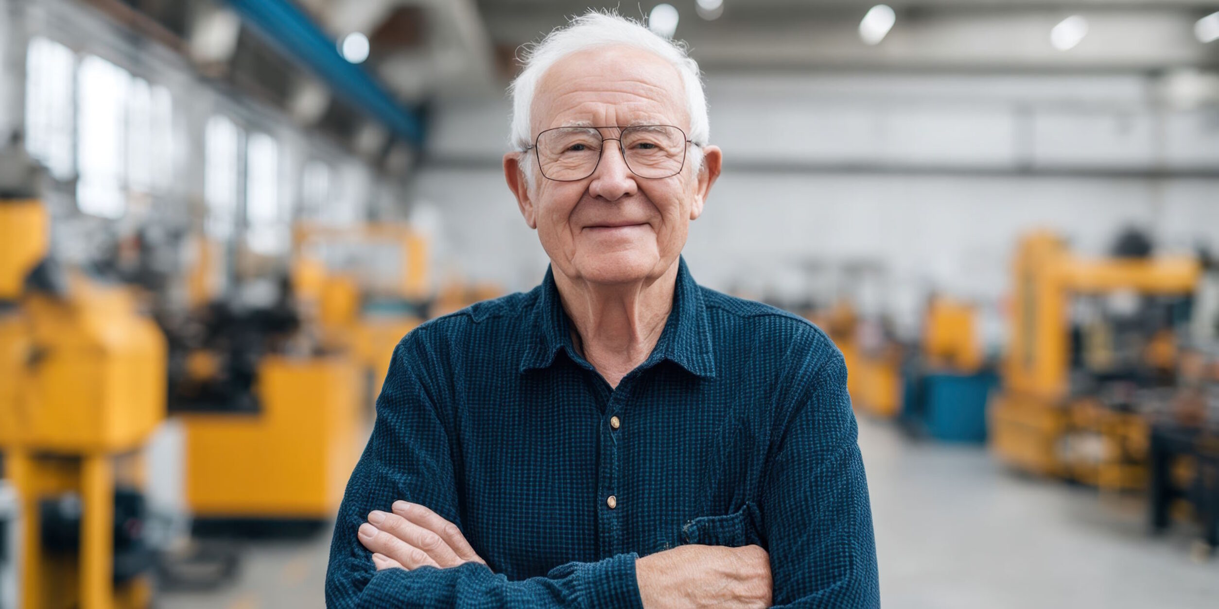Ein älterer Mann steht in einer Industriehalle