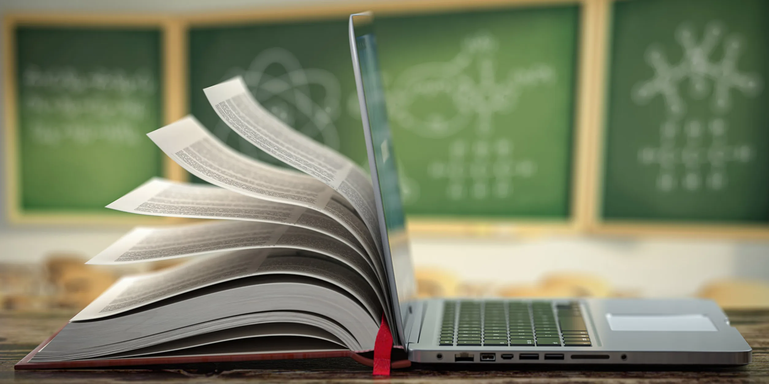 Buch-Laptop-Chimäre, Tafel, Hörsaal