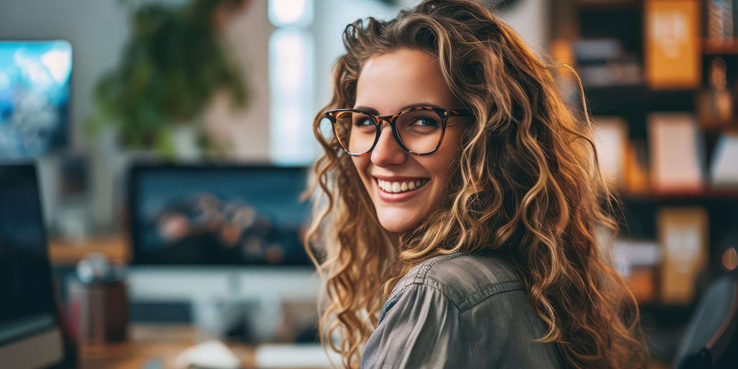 junge Frau lächelt, Arbeitsplatz