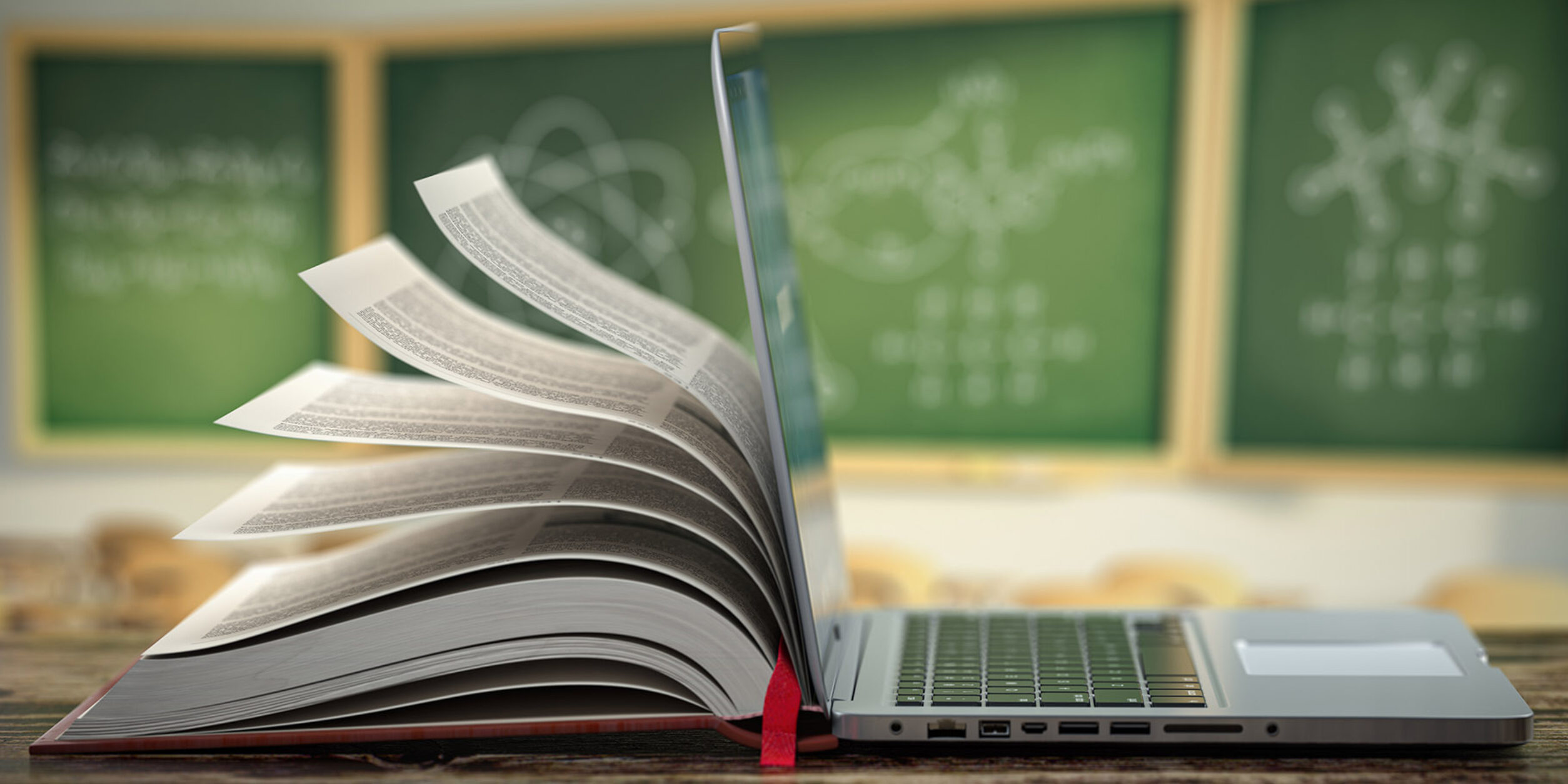 Buch-Laptop-Chimäre, Tafel, Hörsaal