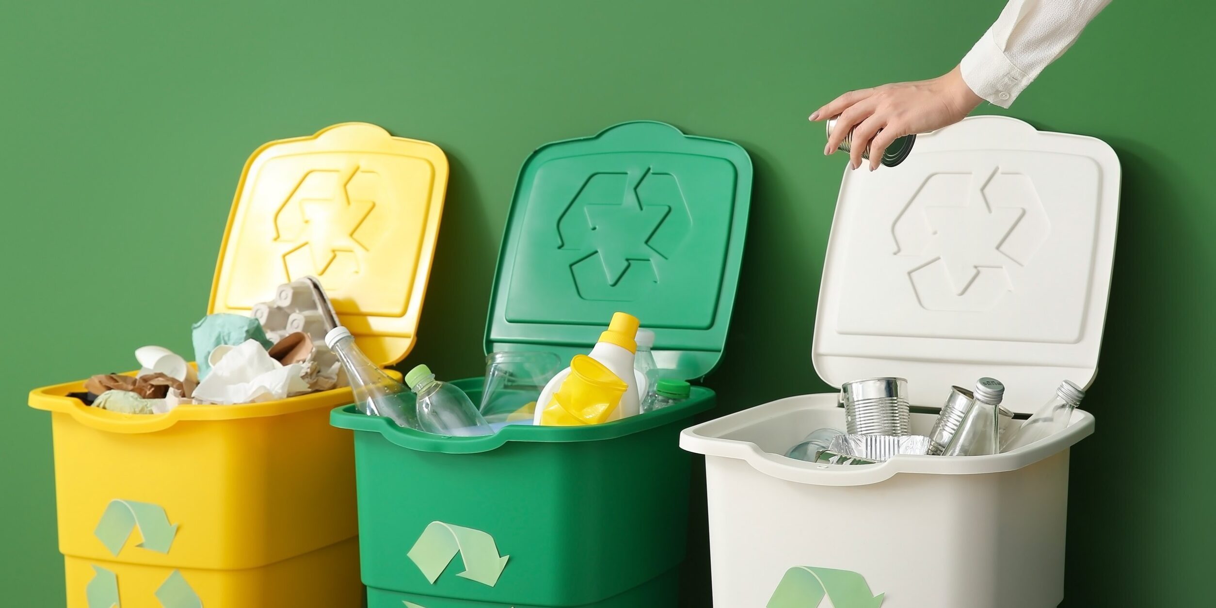drei recyclingtonnen grün gelb und weiß