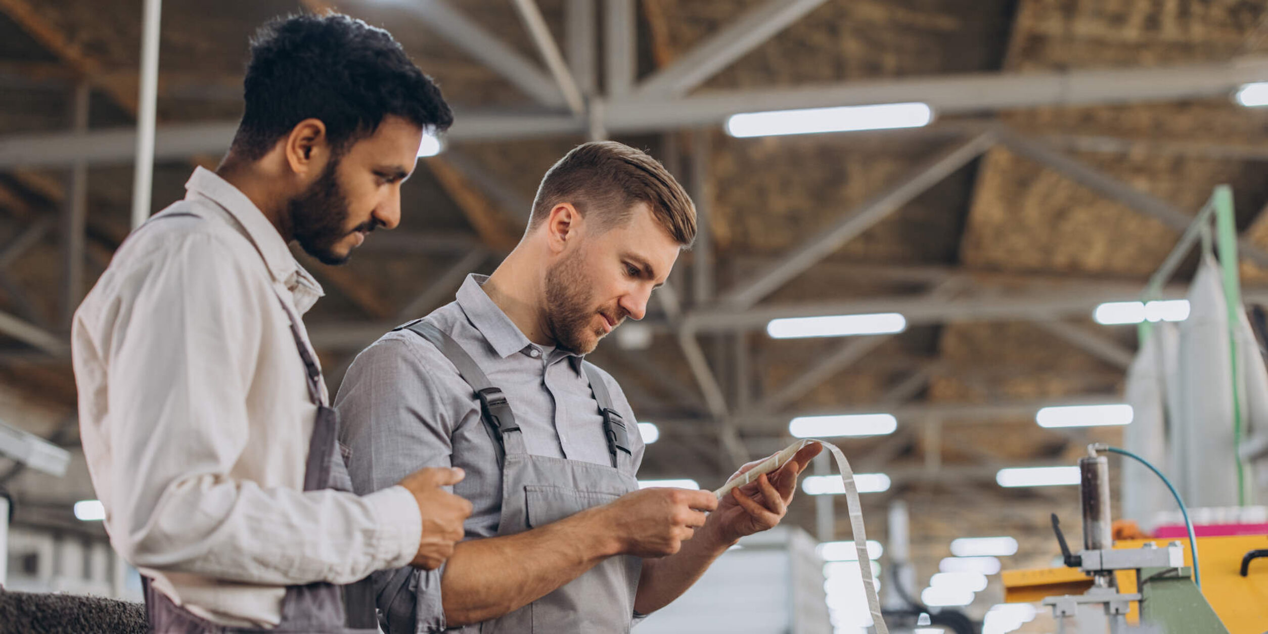 Zwei Personen begutachten seriengedruckte Etiketten