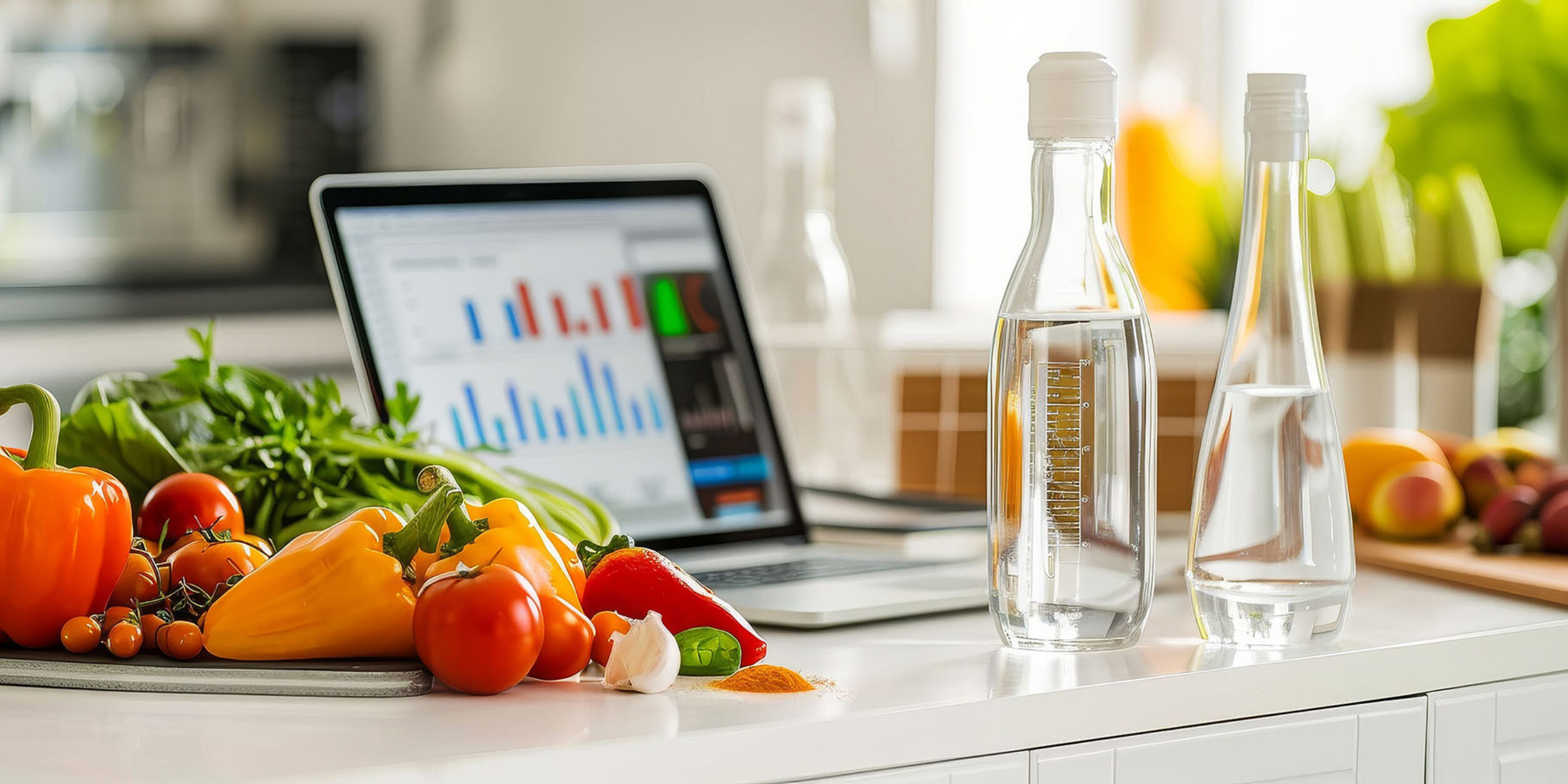Schreibtisch Gemüse Laptop Wasserflaschen