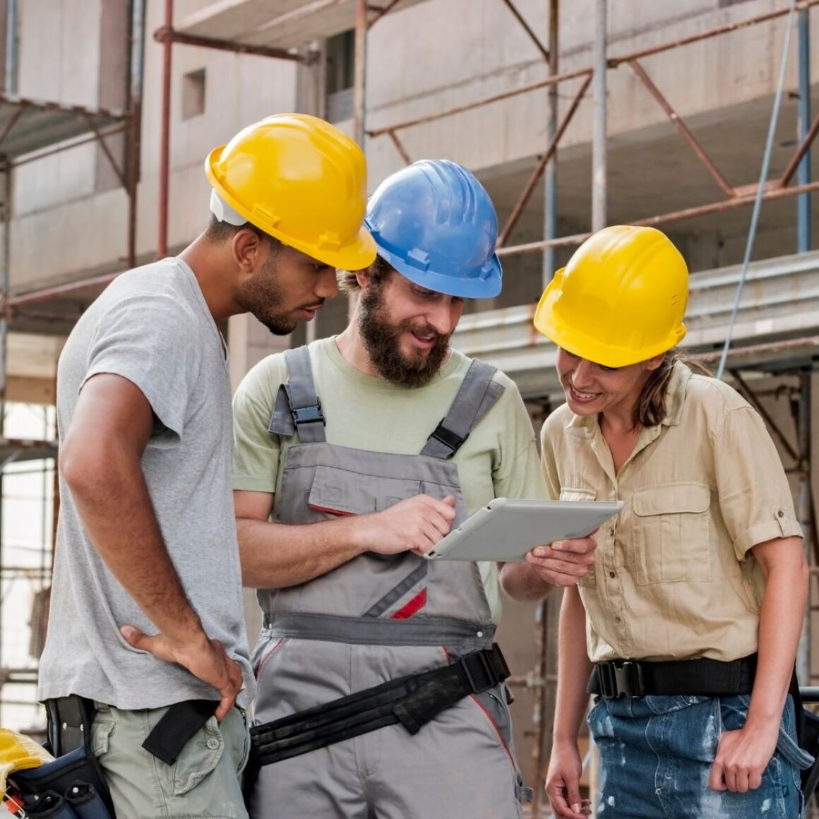 Drei Bauarbeiter:innen stehen auf einer Baustelle und schauen auf ein Tablet