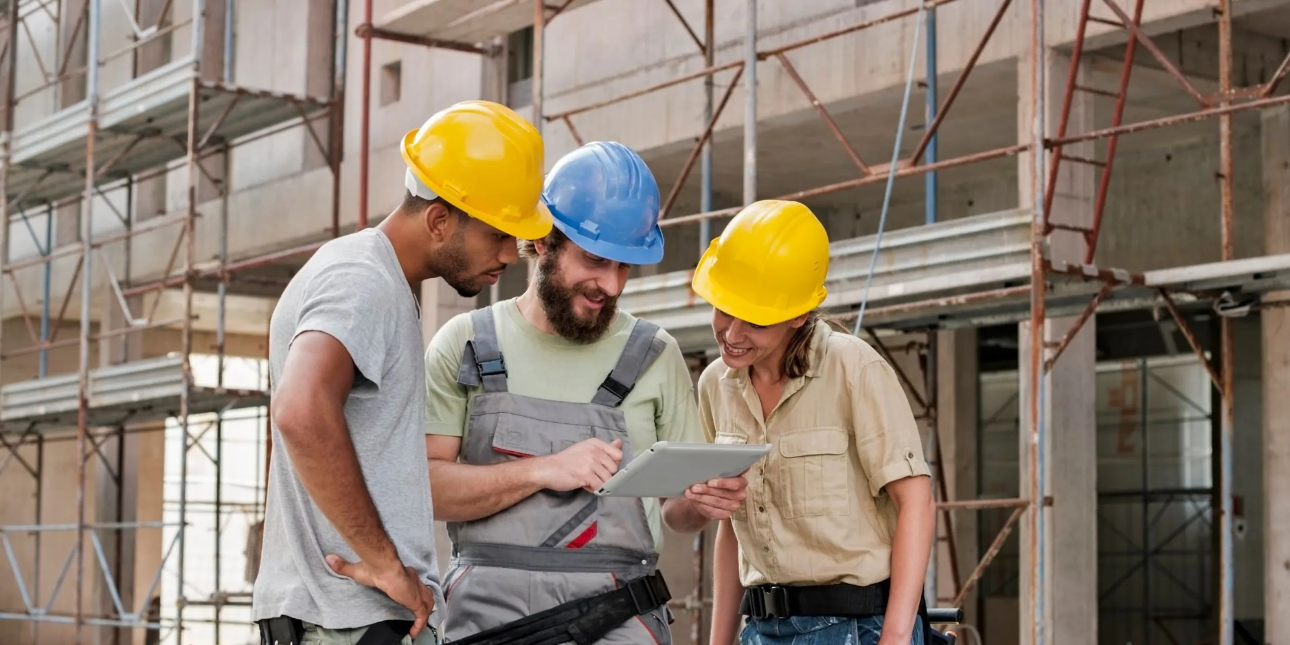 Drei Bauarbeiter:innen stehen auf einer Baustelle und schauen auf ein Tablet