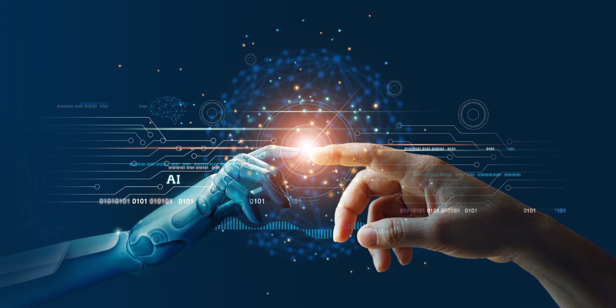 Menschliche und Roboterhand berühren sich mit dem Zeigefinger