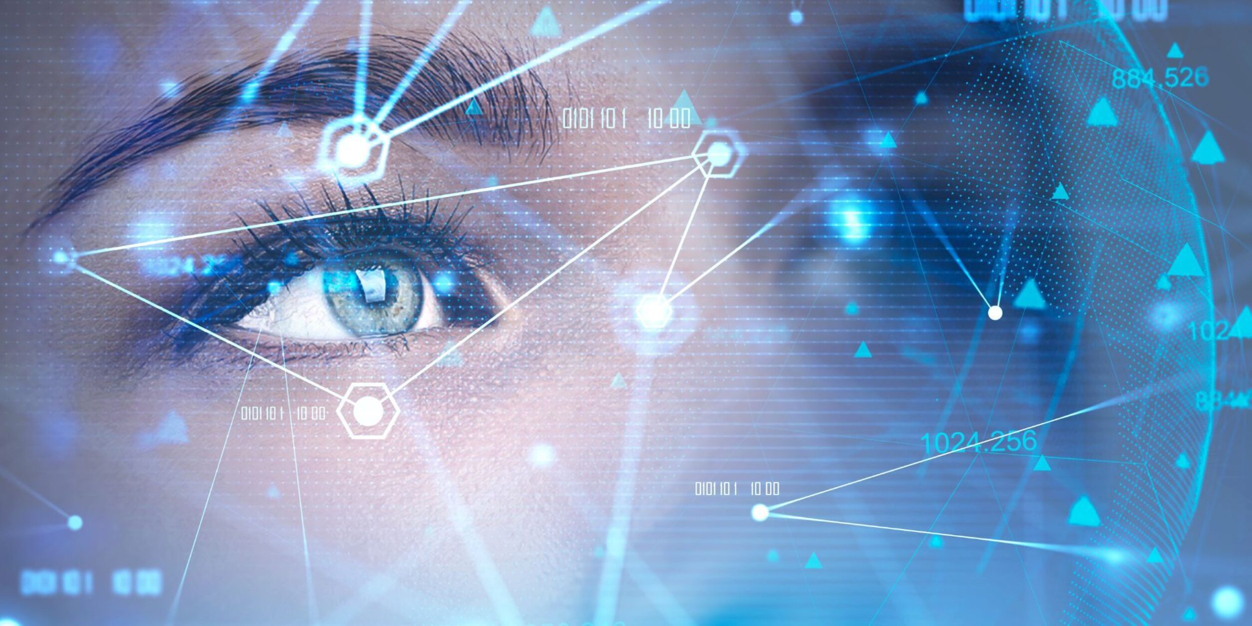 Ein Frauengesicht hinter einer digitalisierten Netwerkverbindung