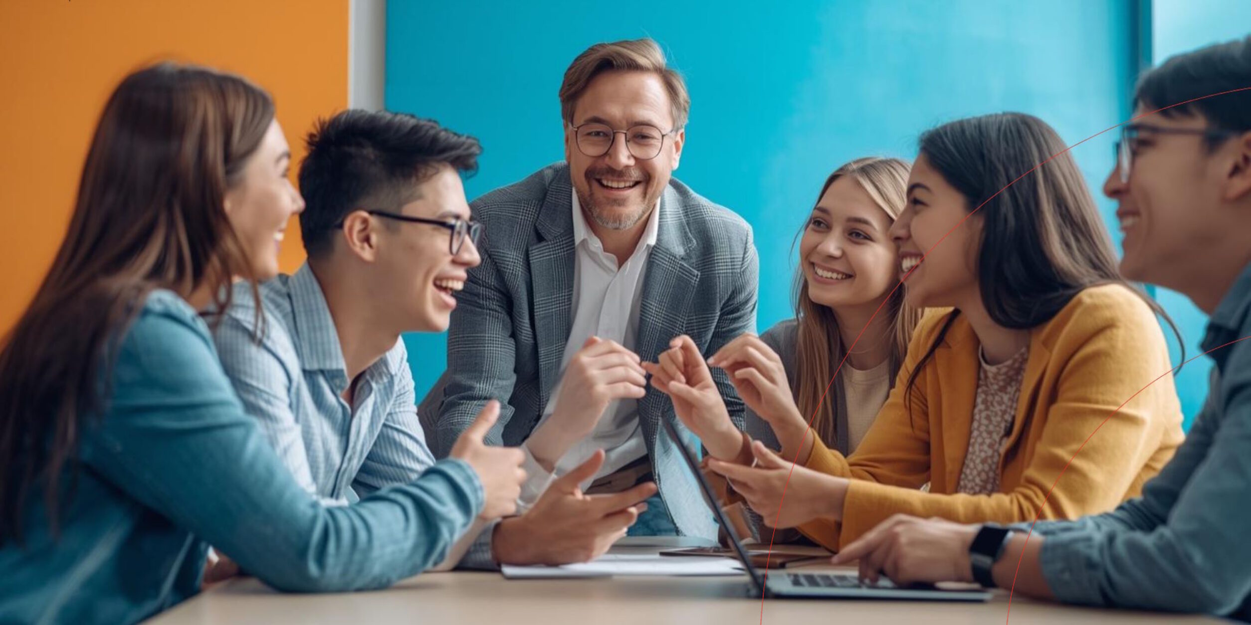 Eine Gruppe von jungen Menschen sitzen gemeinsam am Tisch mit einer Person mittleren Alters