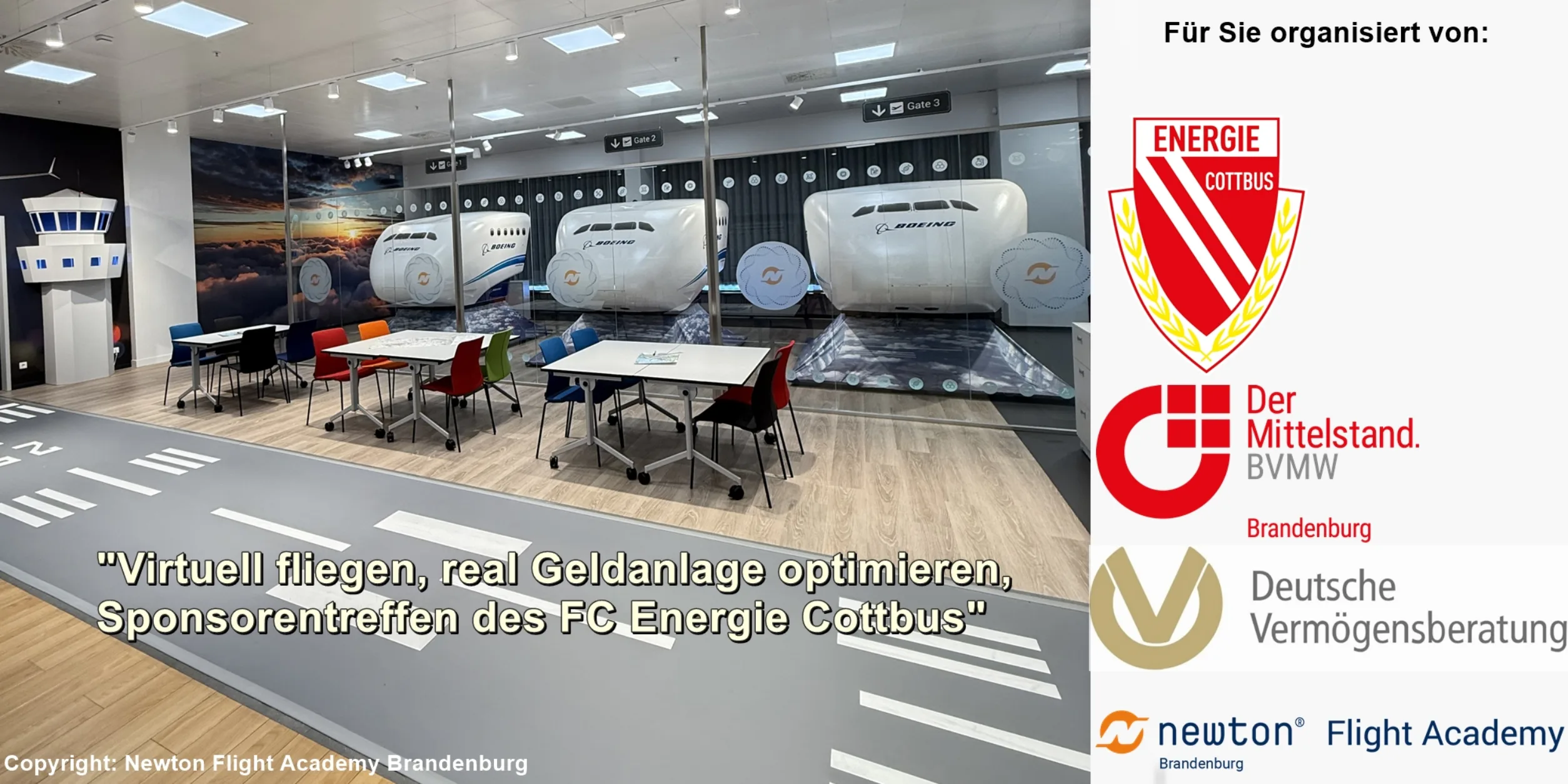 Header Virtuell fliegen, real Geldanlage optimieren, Sponsorentreffen des FC Energie Cottbus