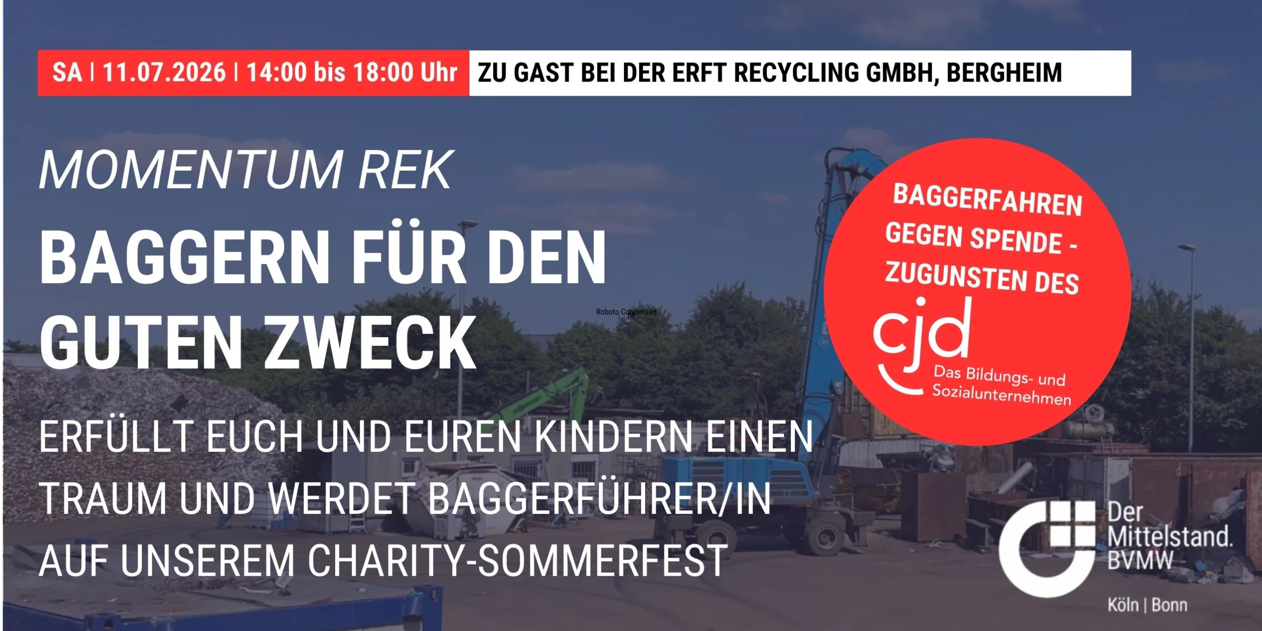 Header BVWM Charity-Sommerfest: "BAGGERN FÜR DEN GUTEN ZWECK" am 12.7. in Bergheim