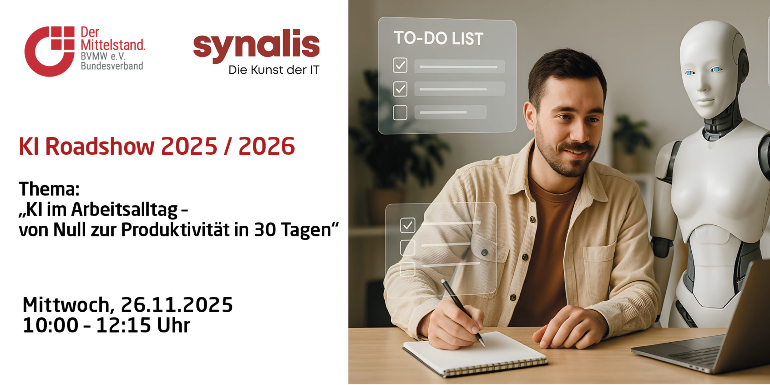Header KI Roadshow 2025 / 2026 Thema: KI im Arbeitsalltag – von Null zur Produktivität in 30 Tagen“