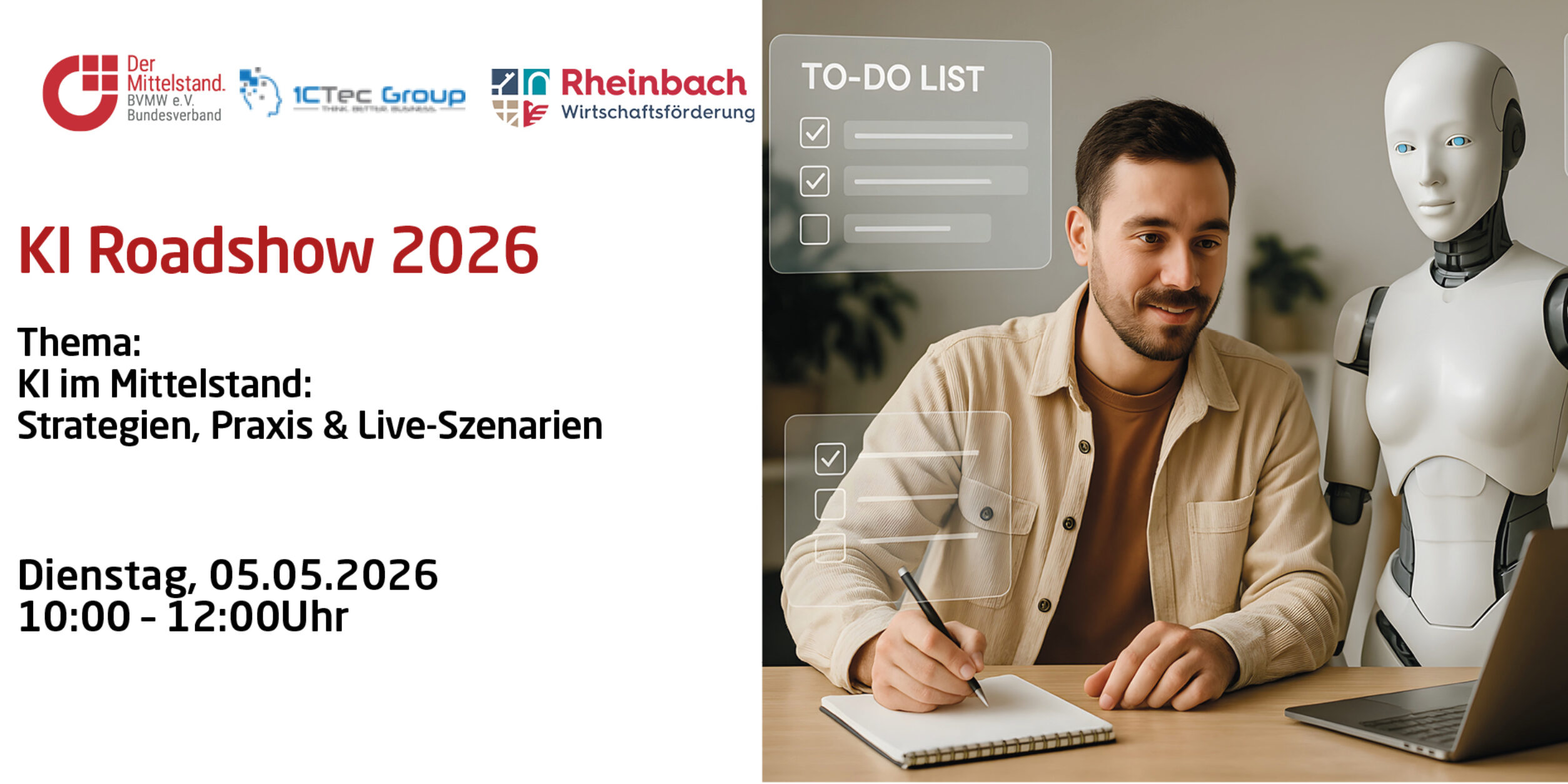 Header KI Roadshow 2026 Thema: Strategien, Praxis & Live-Szenarien Praxislösungen für Handel, Produktion & Dienstleistungen