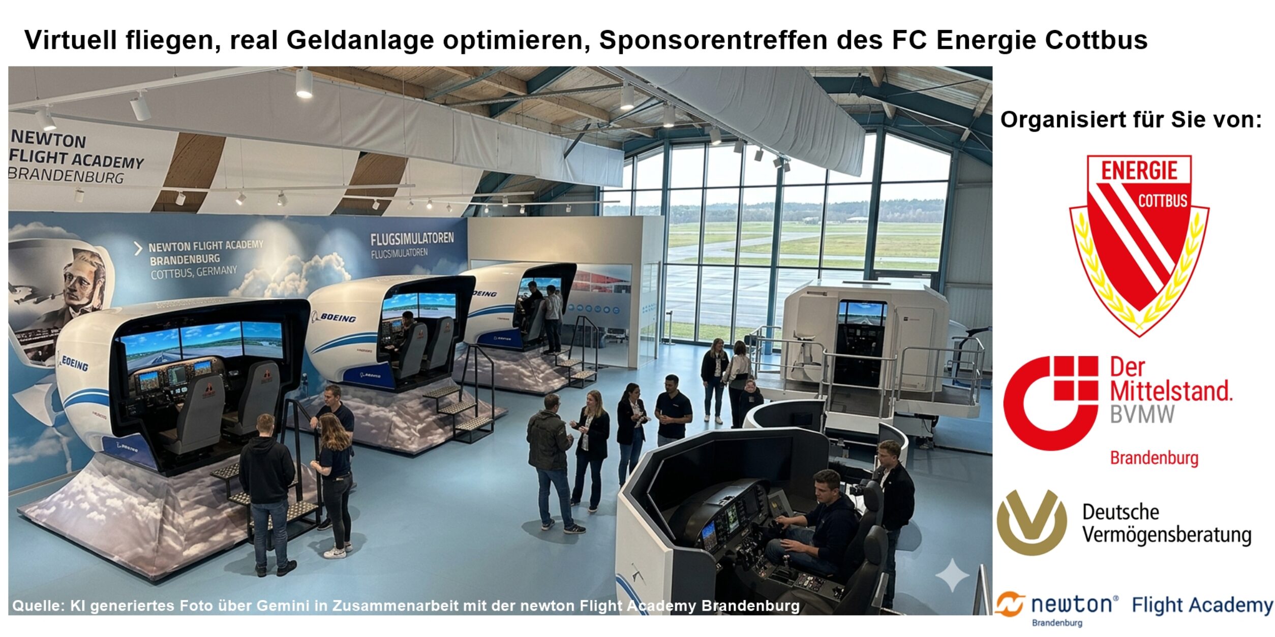 Header Virtuell fliegen, real Geldanlage optimieren, Sponsorentreffen des FC Energie Cottbus