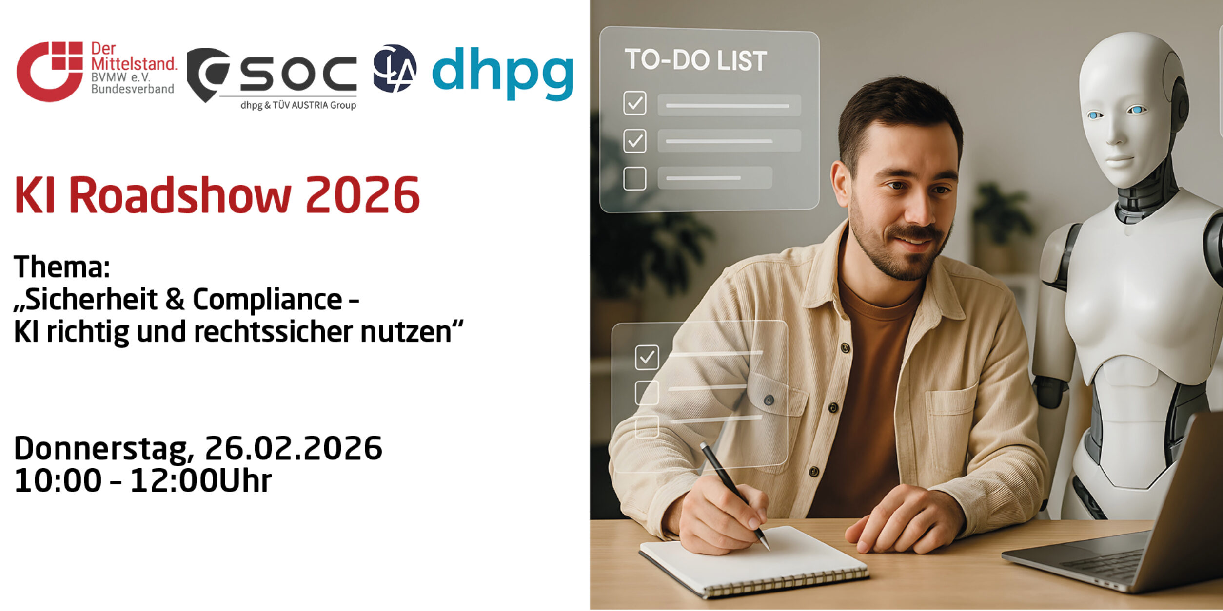 Header KI-Roadshow – Künstliche Intelligenz strategisch, sicher und rechtssicher einsetzen