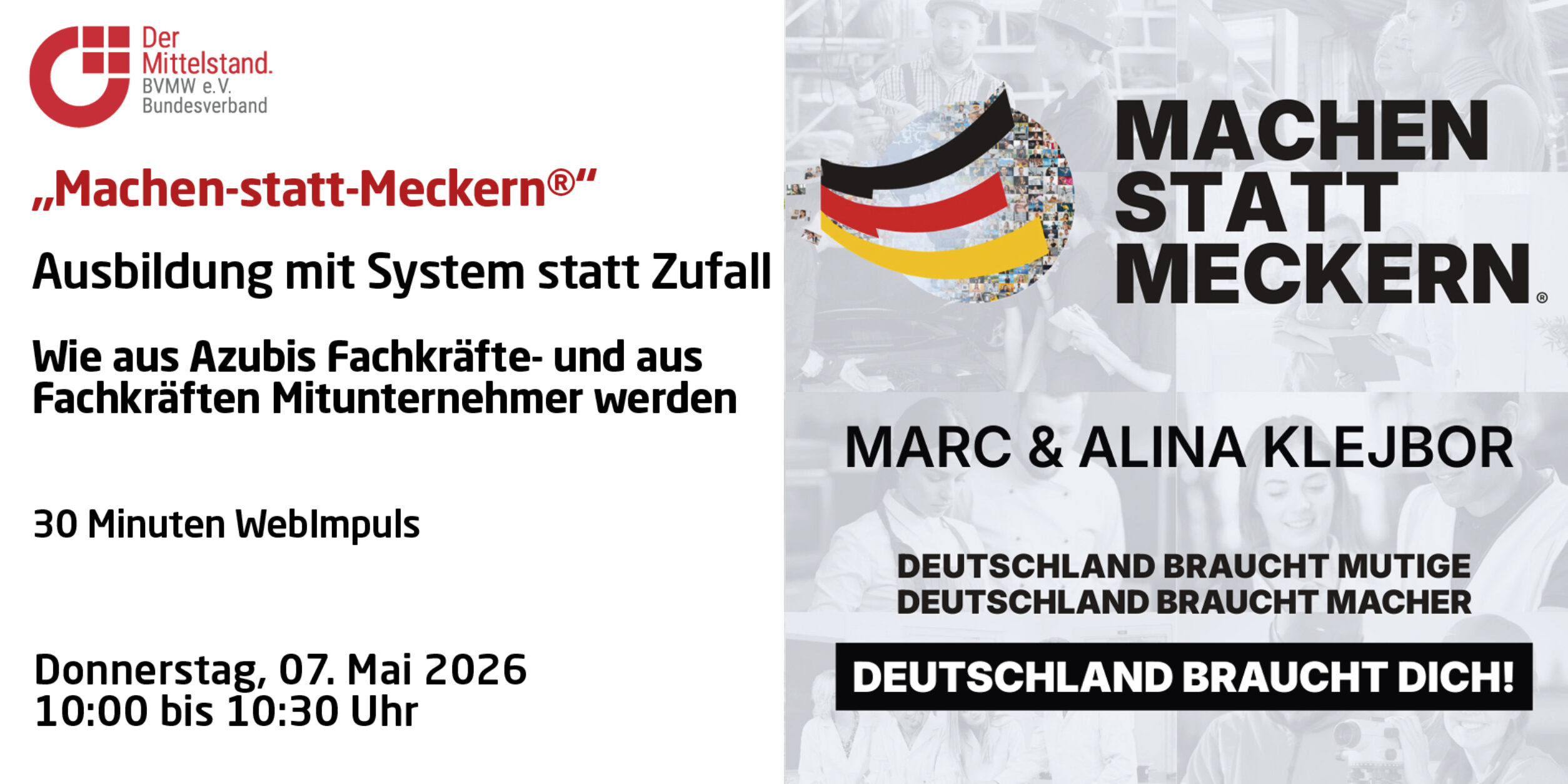 Header BVMW WebImpuls „Machen-statt-Meckern®“ Ausbildung mit System statt Zufall!