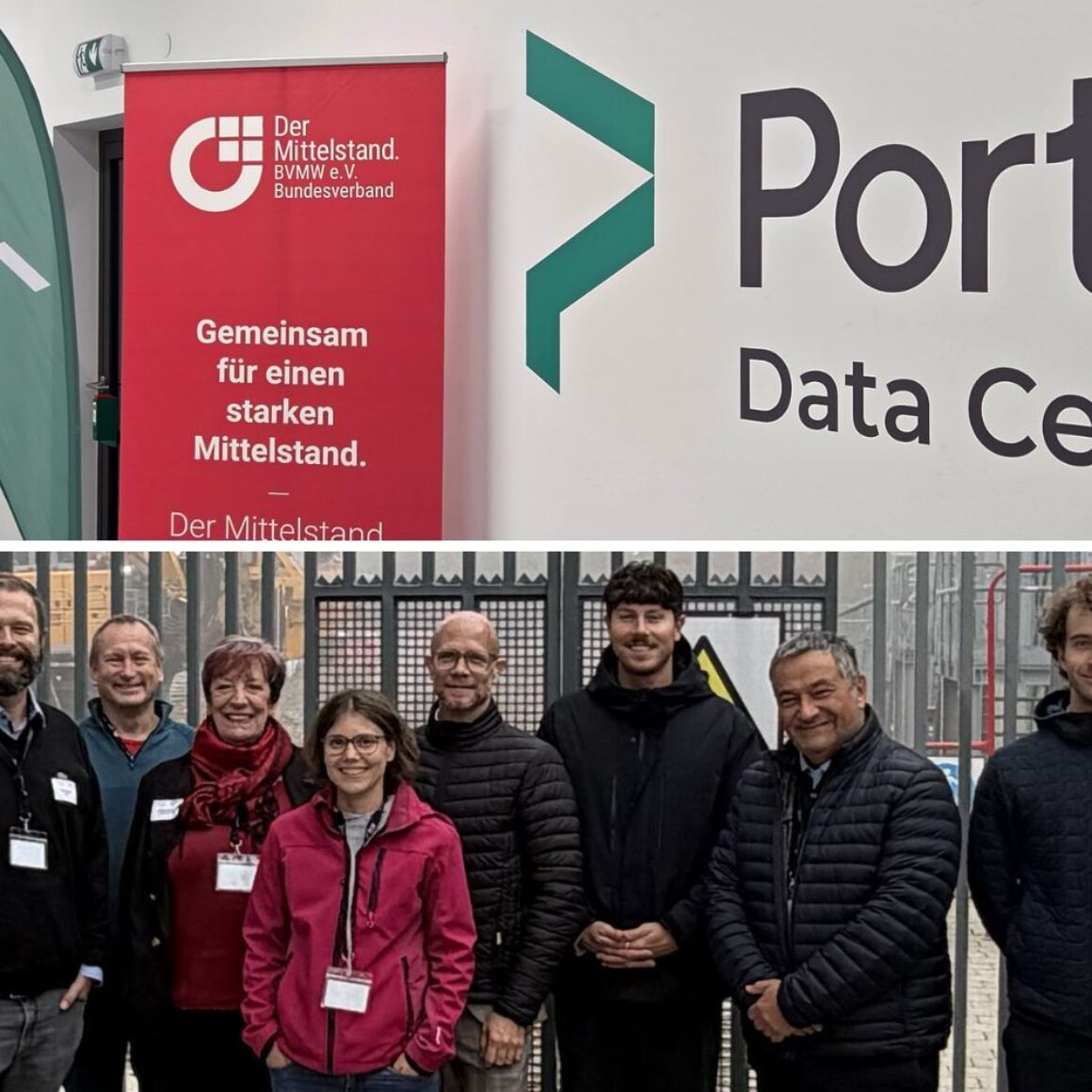 Zweiteiliger Header: Oben: Portus Data centers Eingang mit BVMW Rollup, Unten: Gruppenbild Teilnehmer Breakfast Meeting