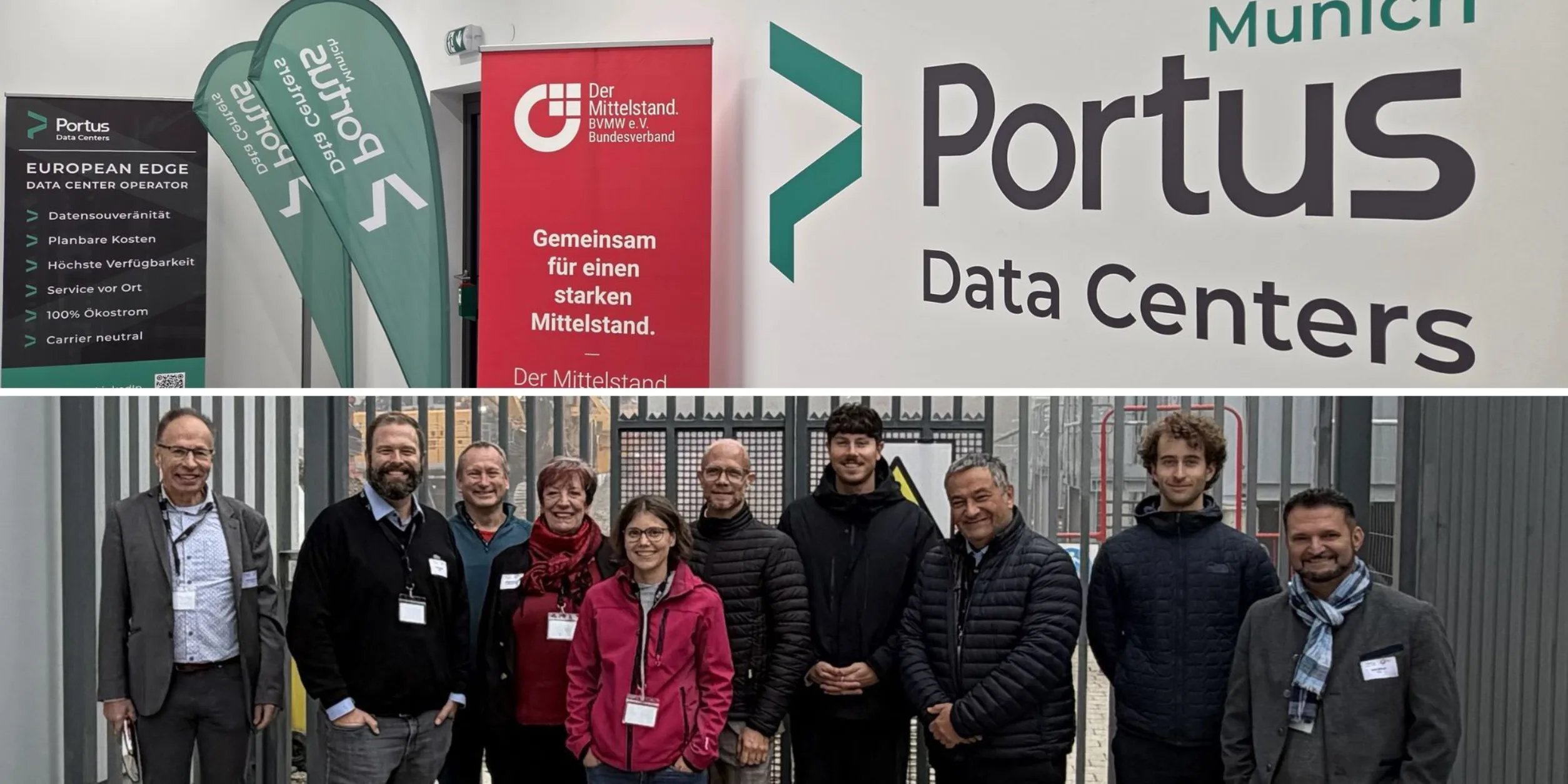 Zweiteiliger Header: Oben: Portus Data centers Eingang mit BVMW Rollup, Unten: Gruppenbild Teilnehmer Breakfast Meeting