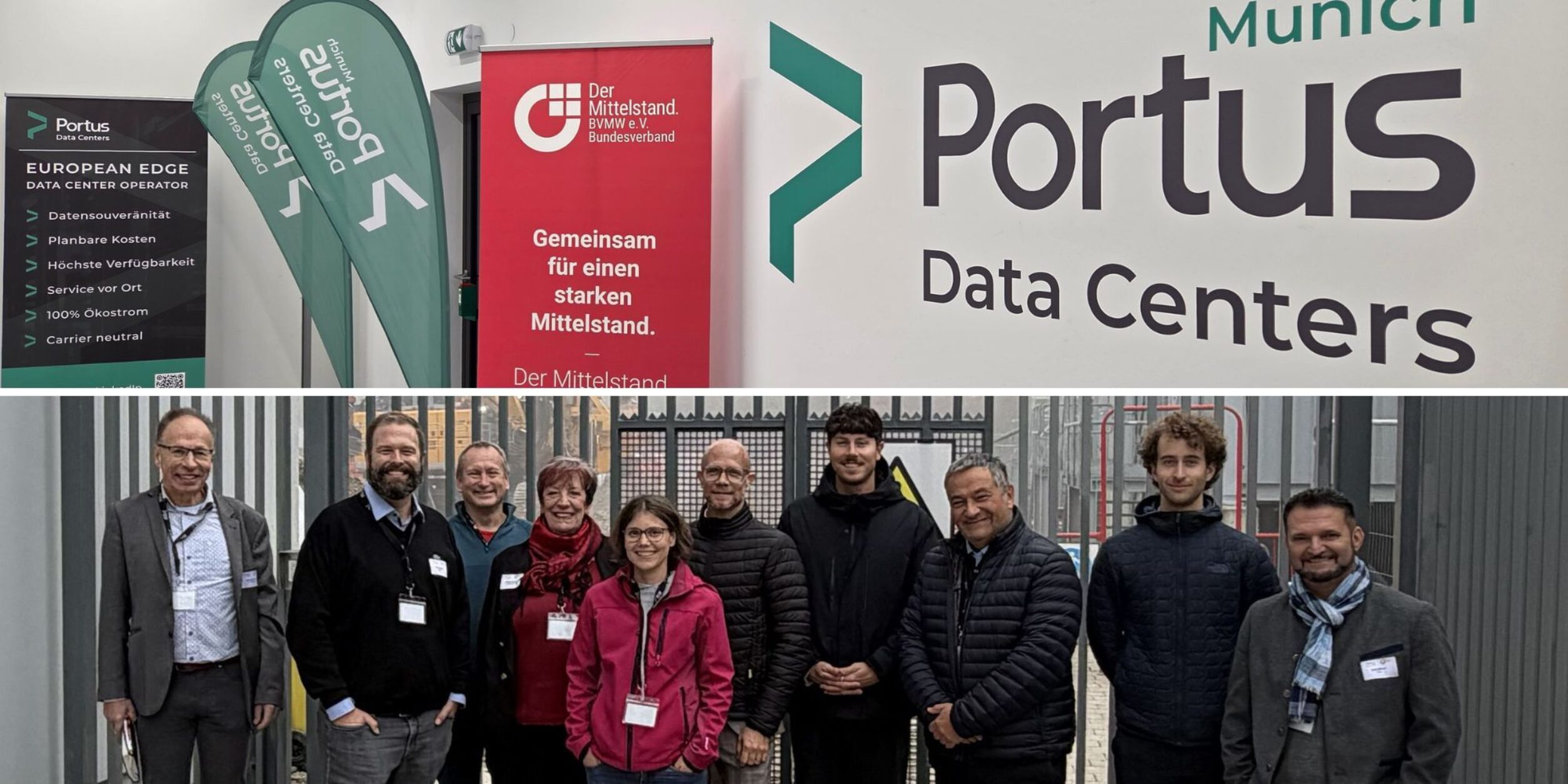 Zweiteiliger Header: Oben: Portus Data centers Eingang mit BVMW Rollup, Unten: Gruppenbild Teilnehmer Breakfast Meeting