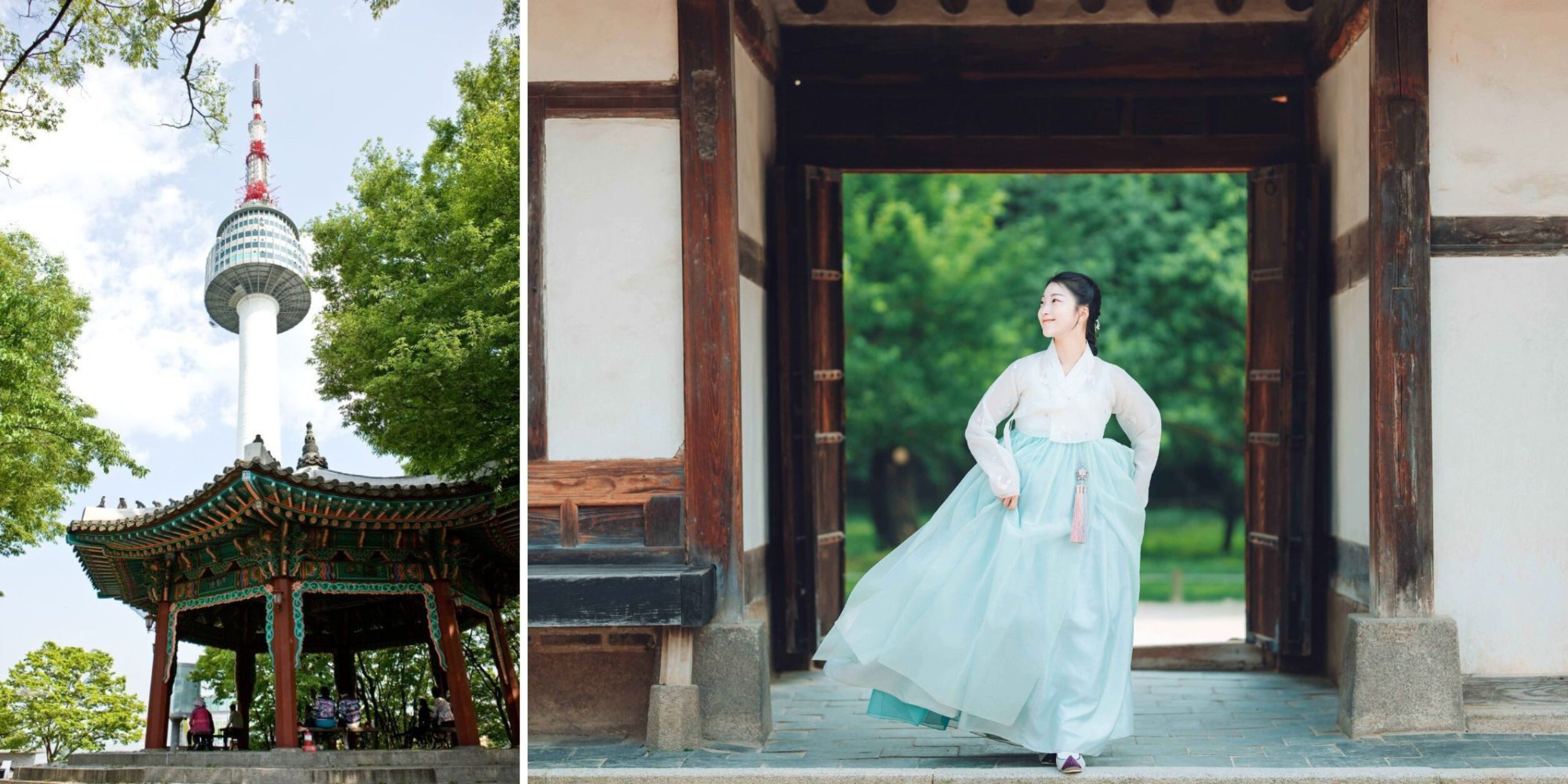 Motivbilder Korea (Park mit Fernsehturm, Tänzerin in heller koreanischer Tracht)