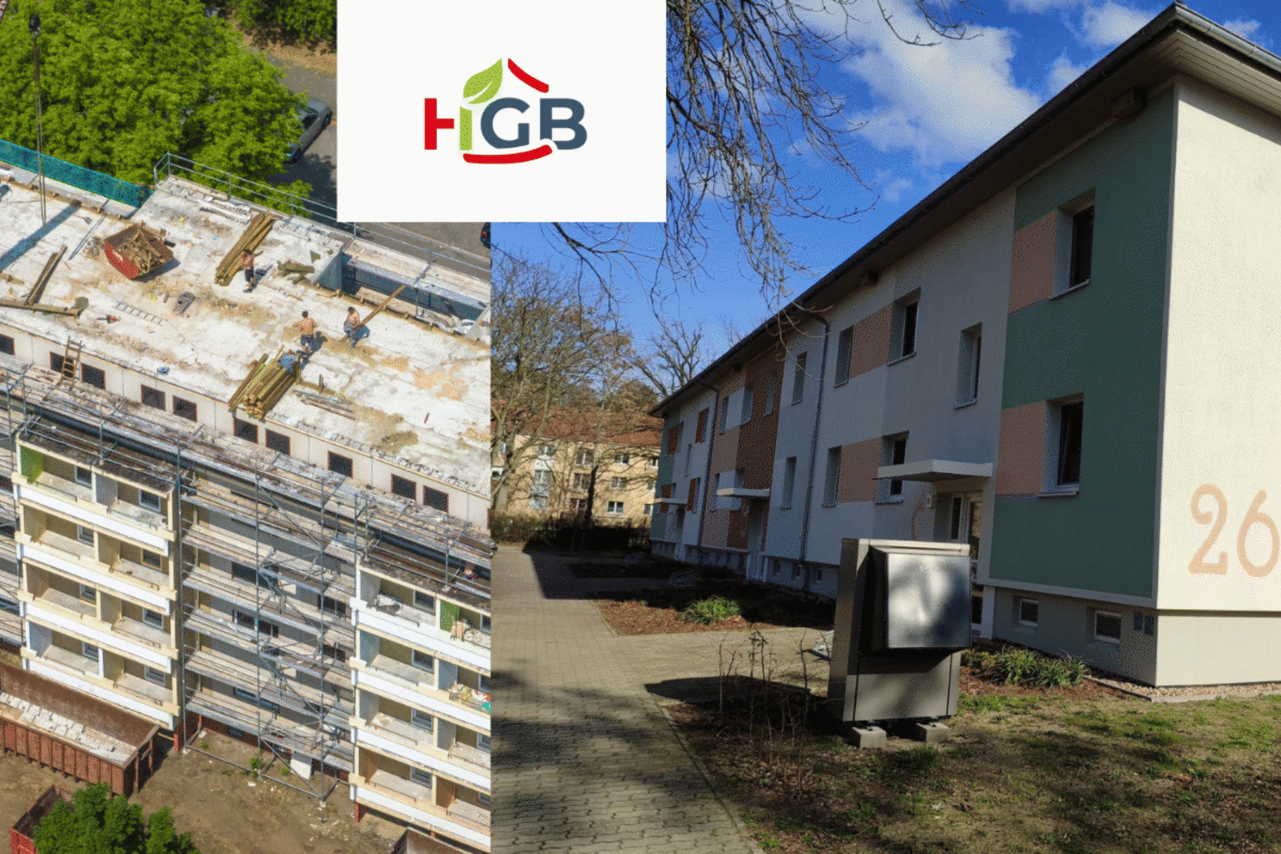 Vorher Nachher Bild eines Wohnblocks nach seiner Sanierung