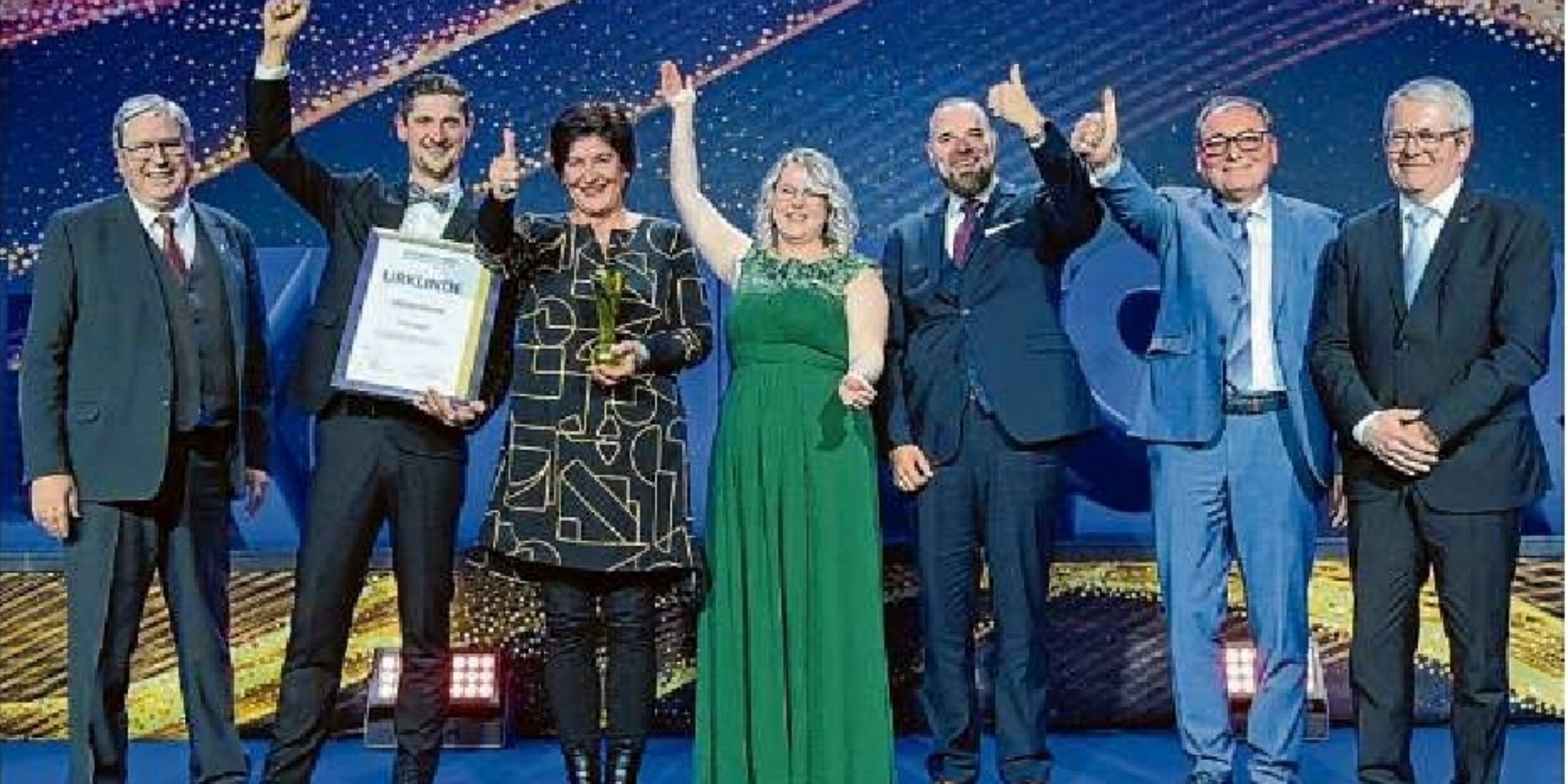 7 Menschen stehen auf einer Bühne und freuen sich über einen Preis