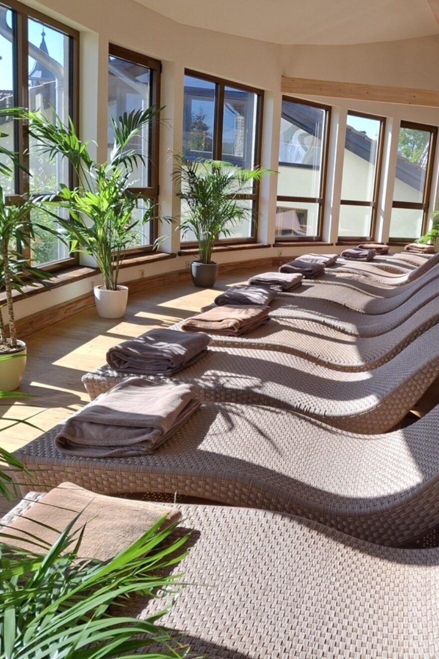 Ruheraum im Wellnesshotel Seeschlösschen. Raum mit runder Fensterfront. Davor stehen Grünpflanzen und Liegen, auf welchen gefaltete Decken liegen.