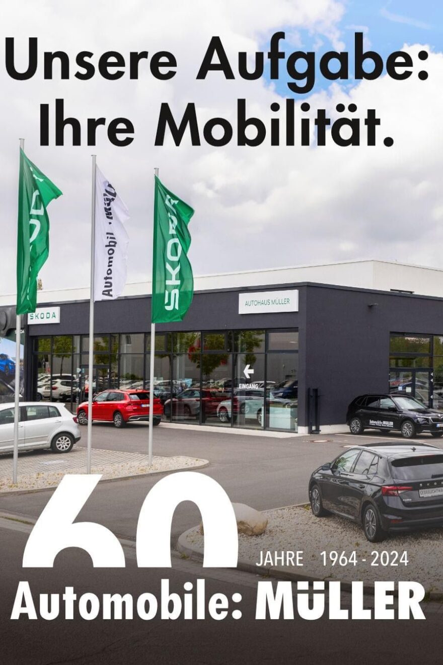 mehrere Autos und Fahnen vor dem Autohaus