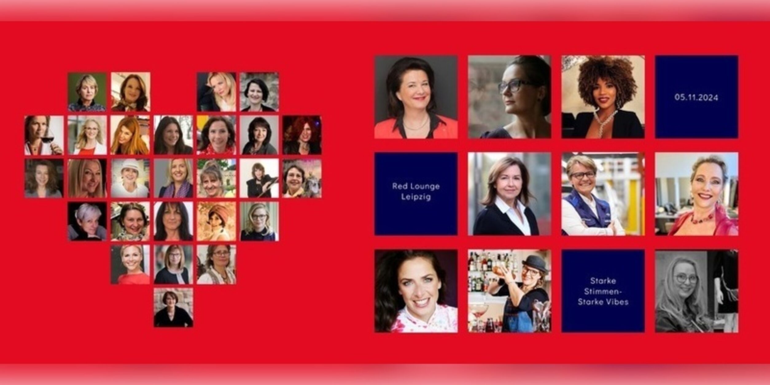 ein Herz aus Portrait Bilder von Unternehmerinnen auf der linken Seite und Rechts Kacheln ebenfalls mit Portraits von Unternehmerinnen