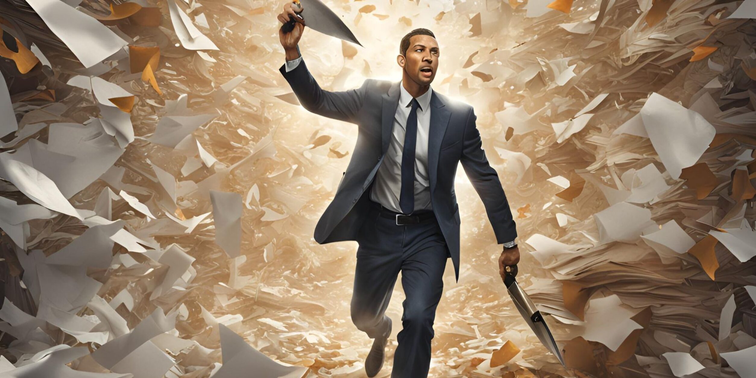 Mann im Anzug in Papier-Sturm