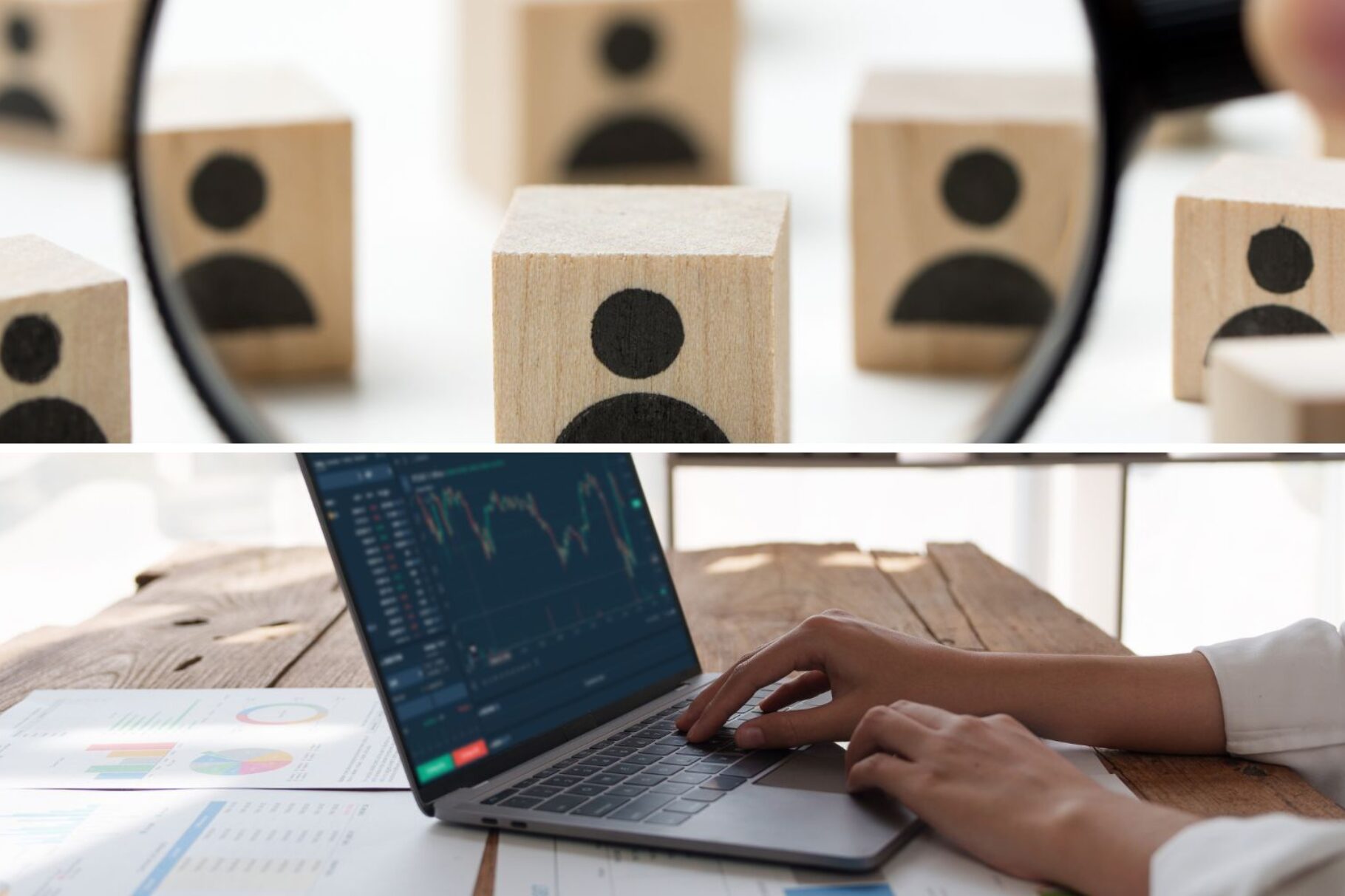 Lupe sucht Männchen auf Holzklötzen, Mitarbeiter am Laptop