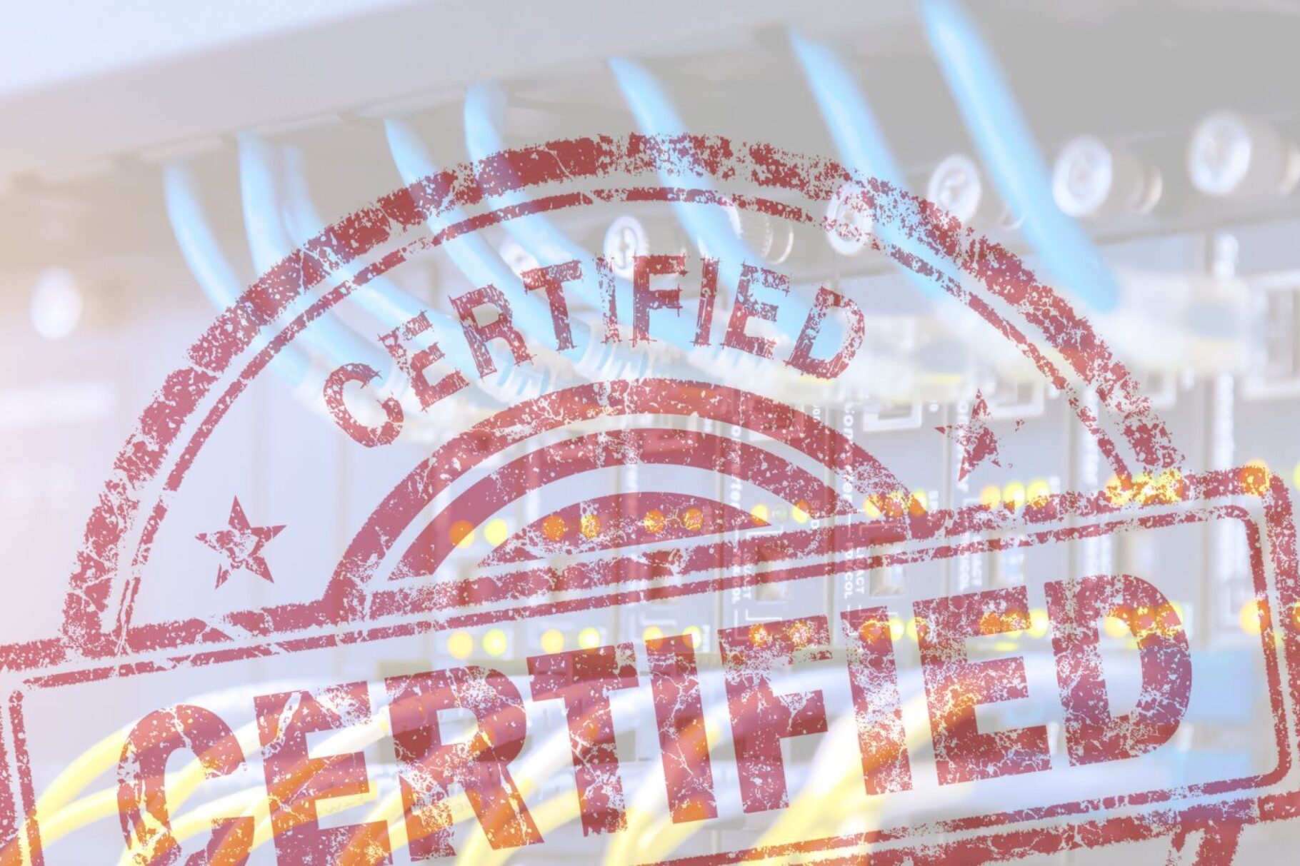 Netzwerkrouter mit Kabeln, davor Stempel "certified"