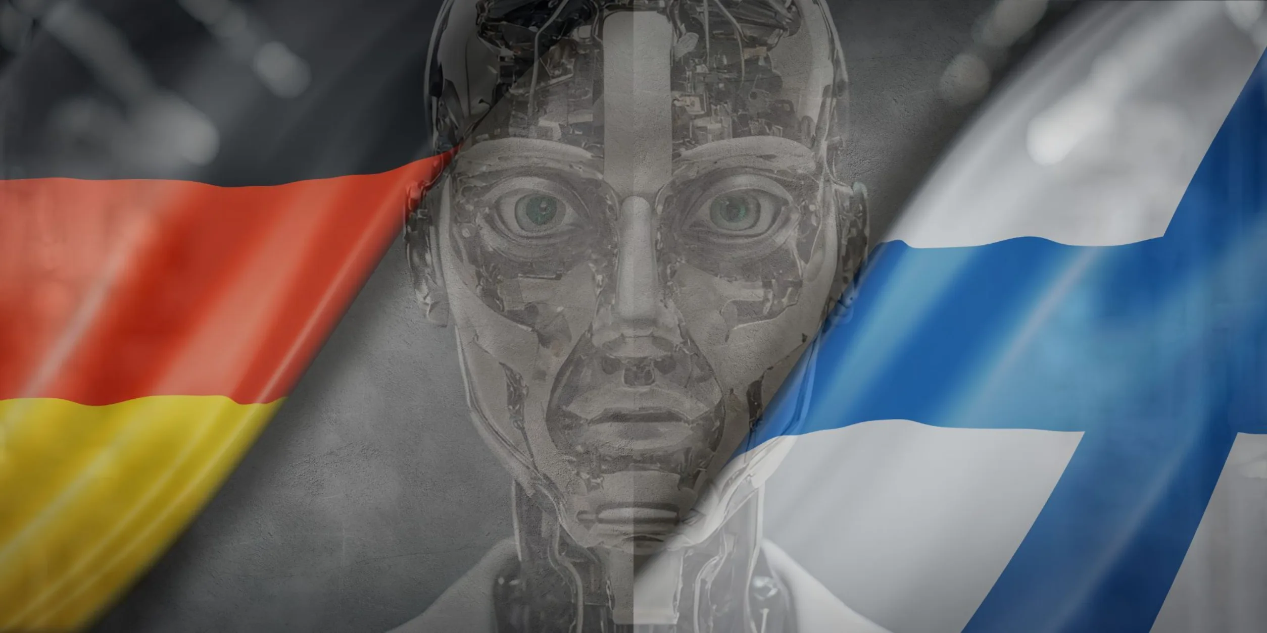 Roboterkopf zwischen deutscher und finnischer Flagge