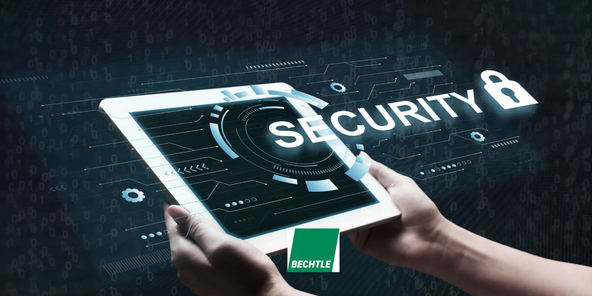 Tablet wird von 2 Händen gehalten, dunkelblauer Hintergrund, Beschriftung "Security", grünes Bechtle-Logo