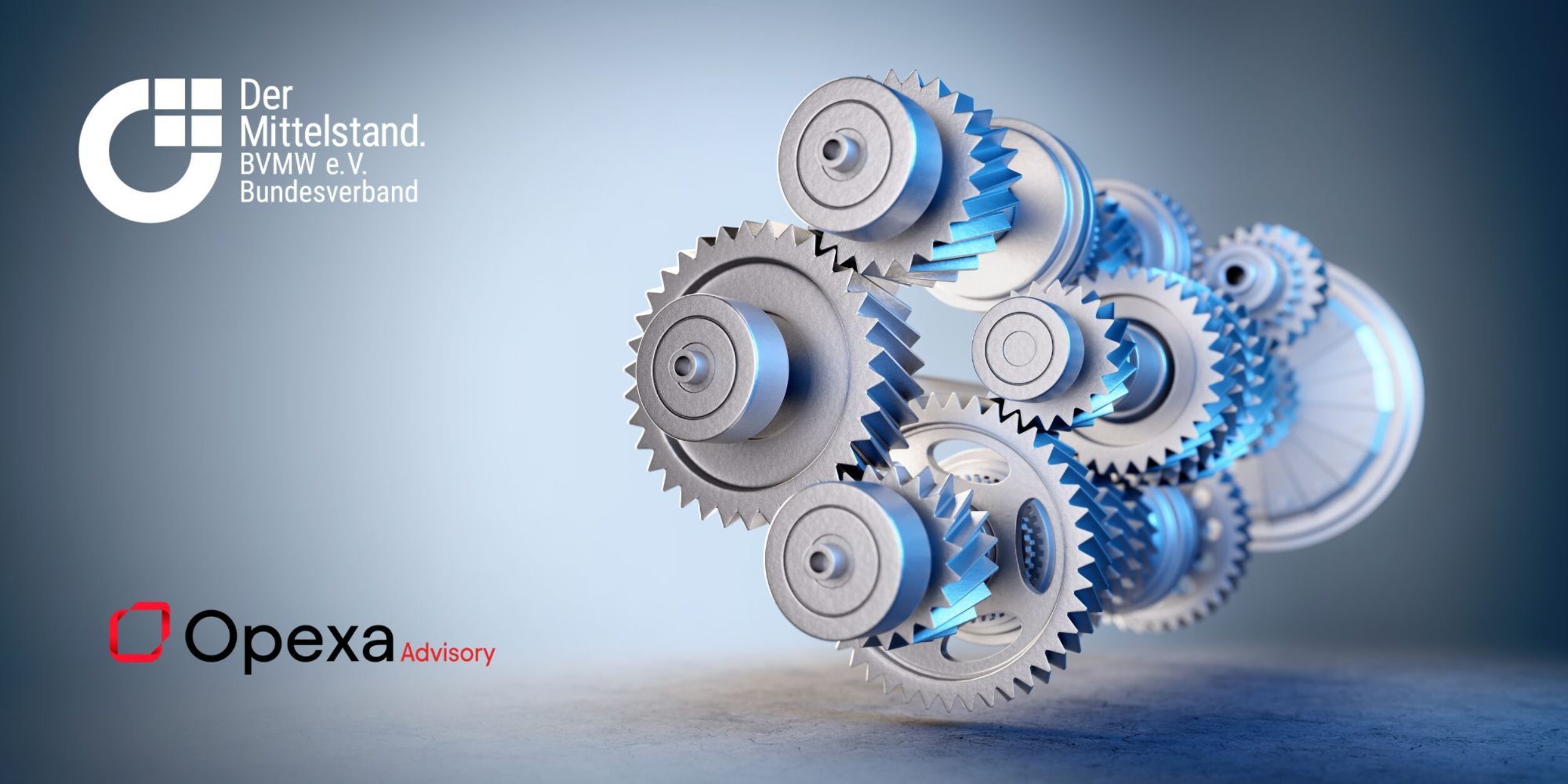 Zahnräder vor grauem hintergrund, Logos BVMW und Opexa