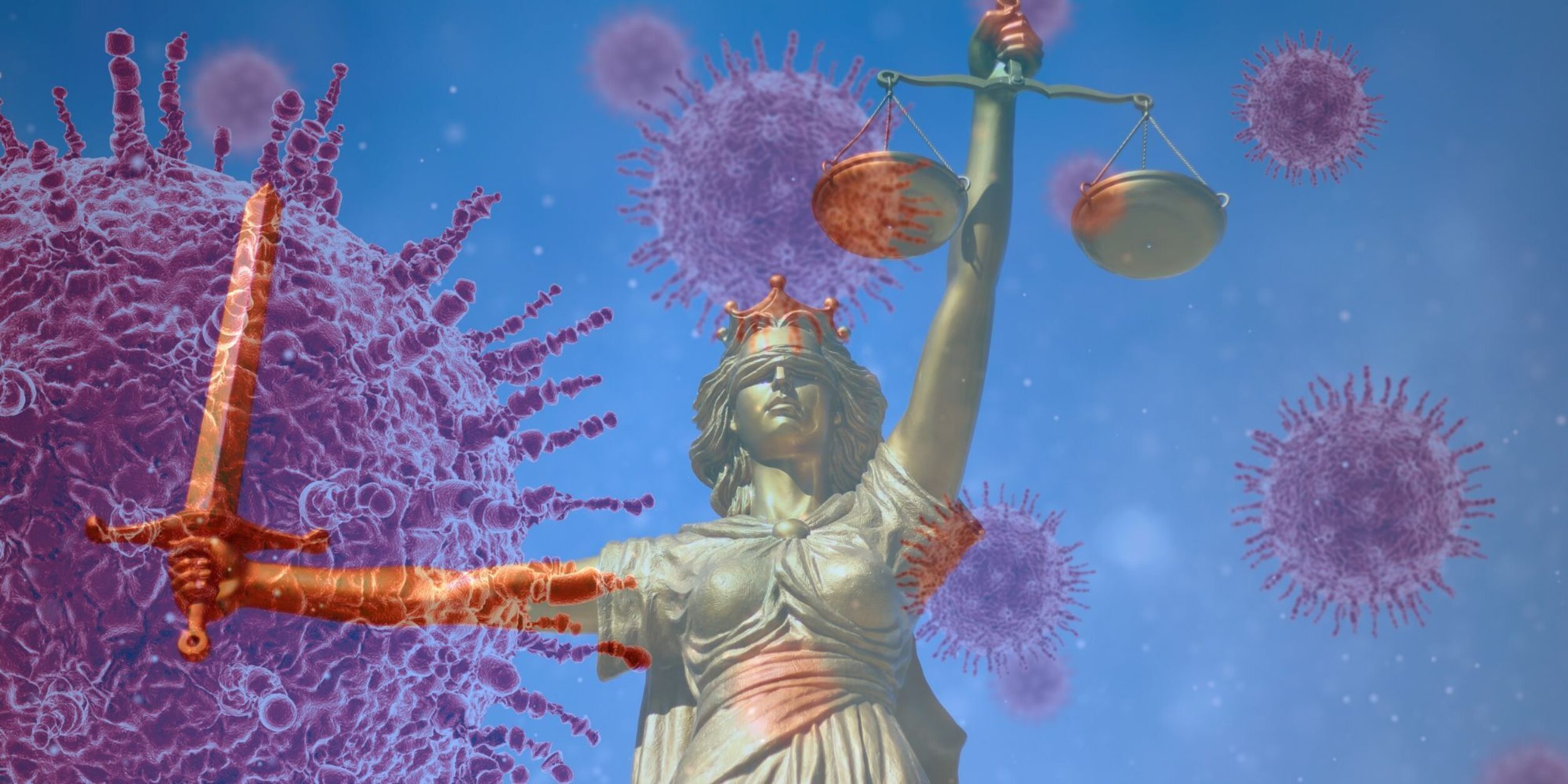 Justitia vor blauem Himmel und Corona-Viren