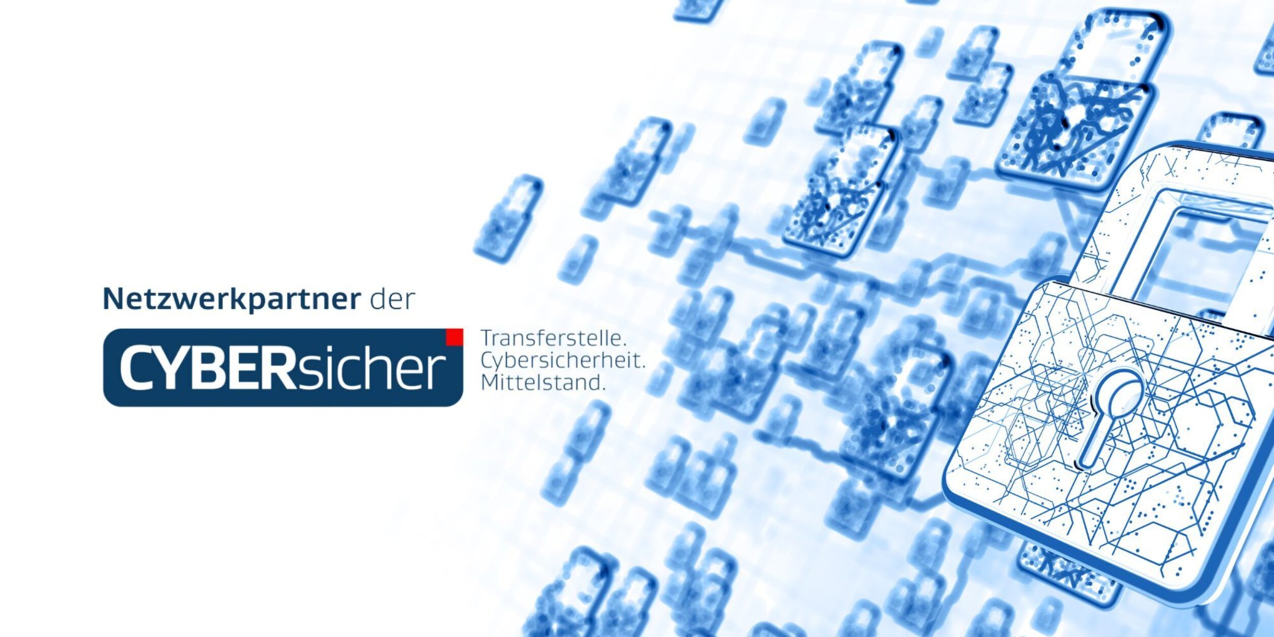 Stilisierte Vorhängeschlösser in blau und Logo "Netzwerkpartner der Cybersicher"
