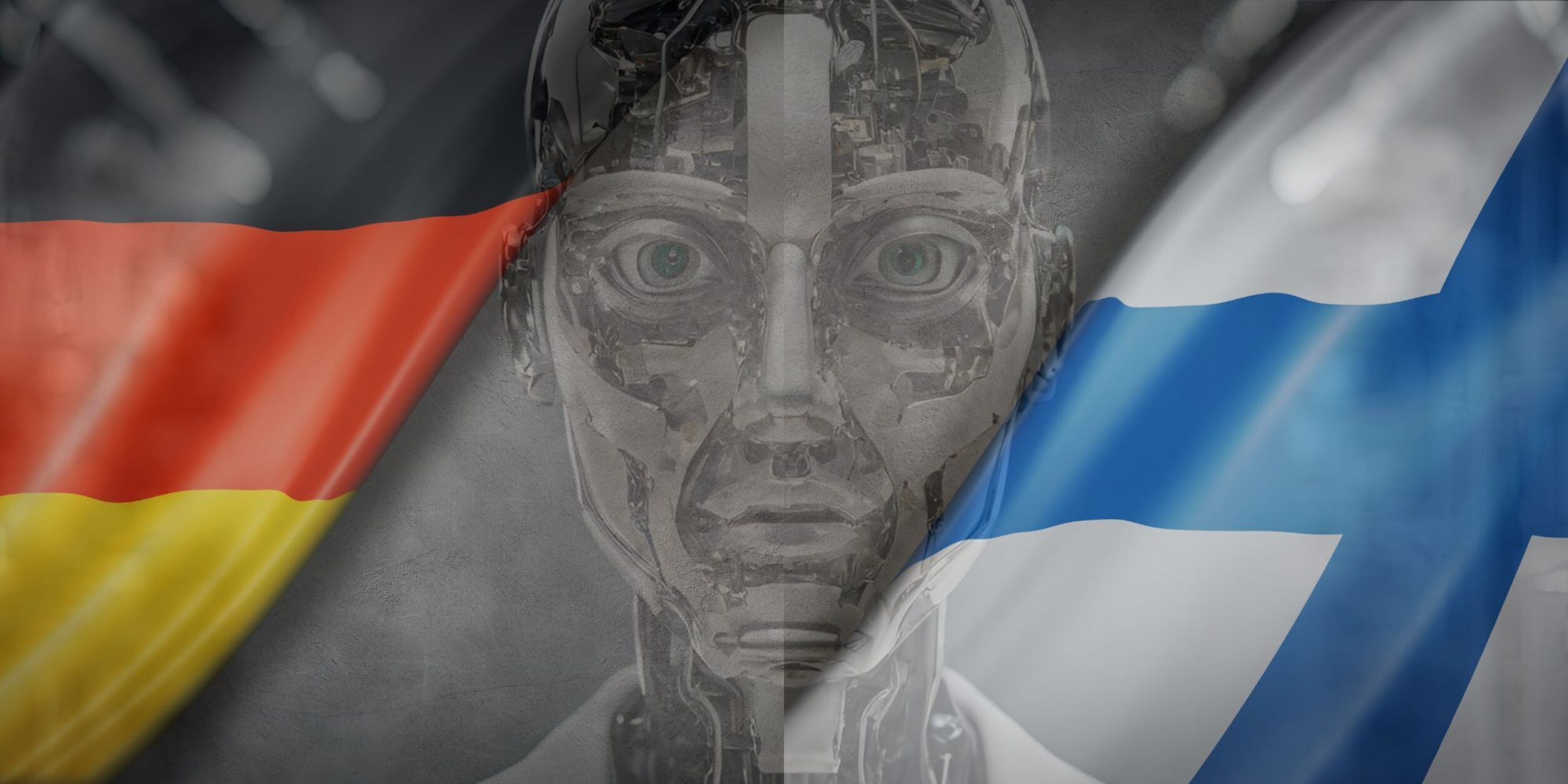 Roboterkopf zwischen deutscher und finnischer Flagge