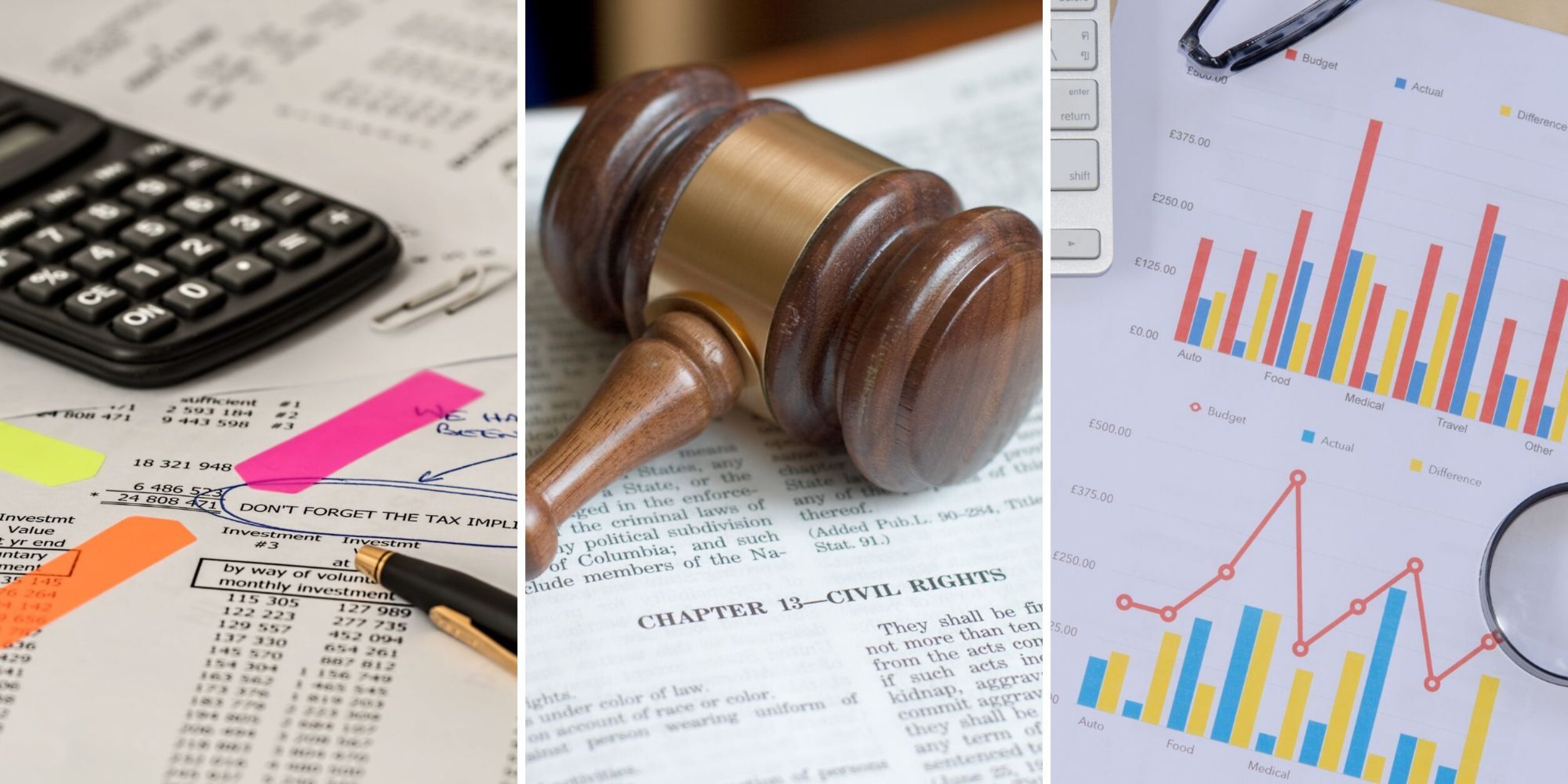 Drei bilder: Steuer, Recht, Wirtschaft