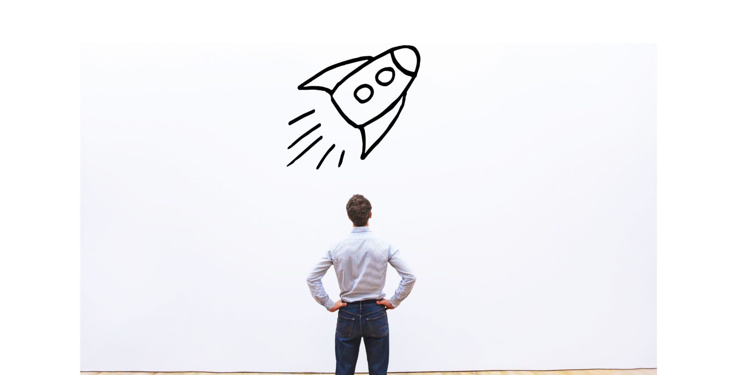 Comic-Rakete hebt ab, Mann in weißem Hemd steht davor und sieht ihr dabei zu