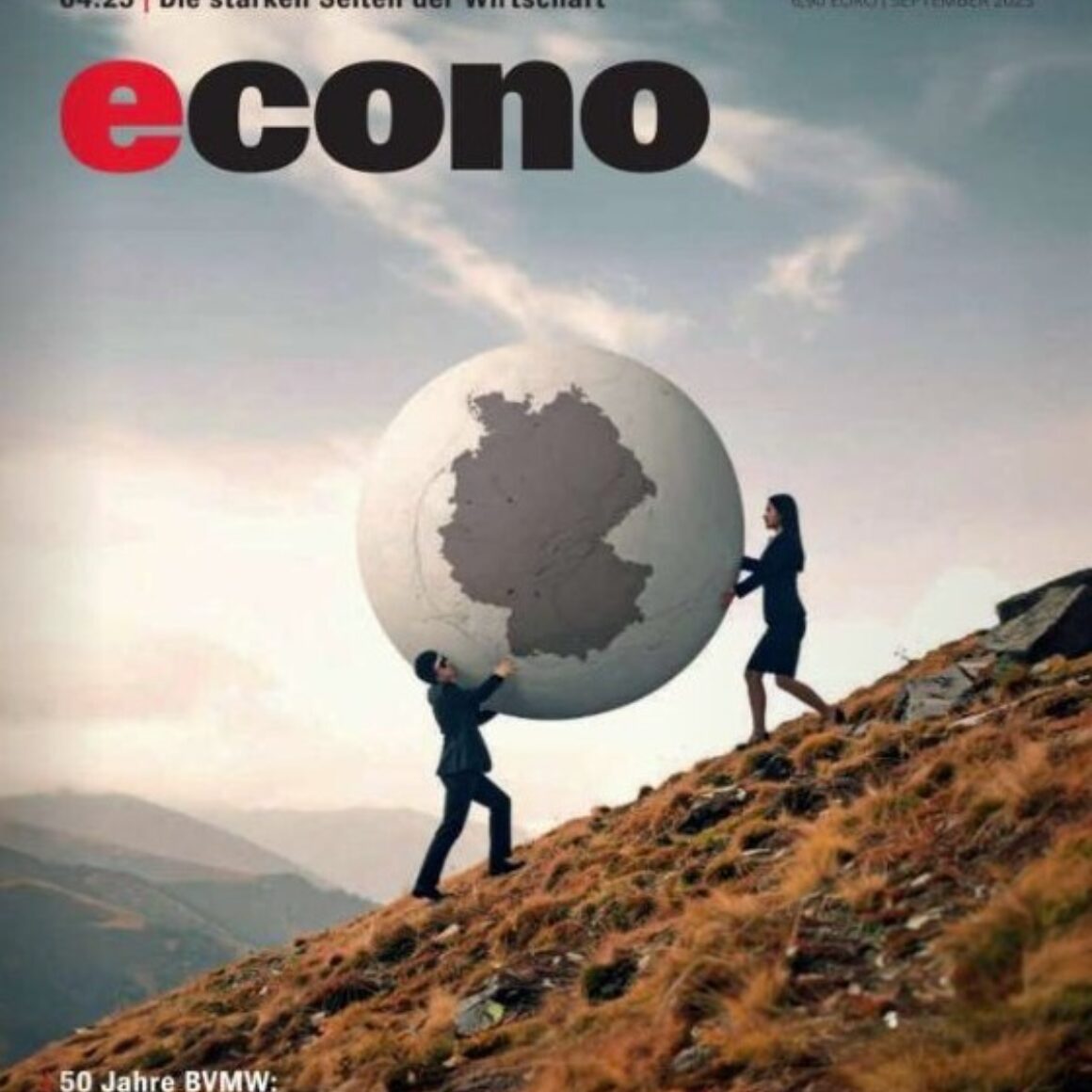 Cover der ausgabe des Econo mit den Spezialteil des BVMW (zwei Menschen tragen eine riesige Kugel den Berg hoch. Auf der Kugel zu sehen)