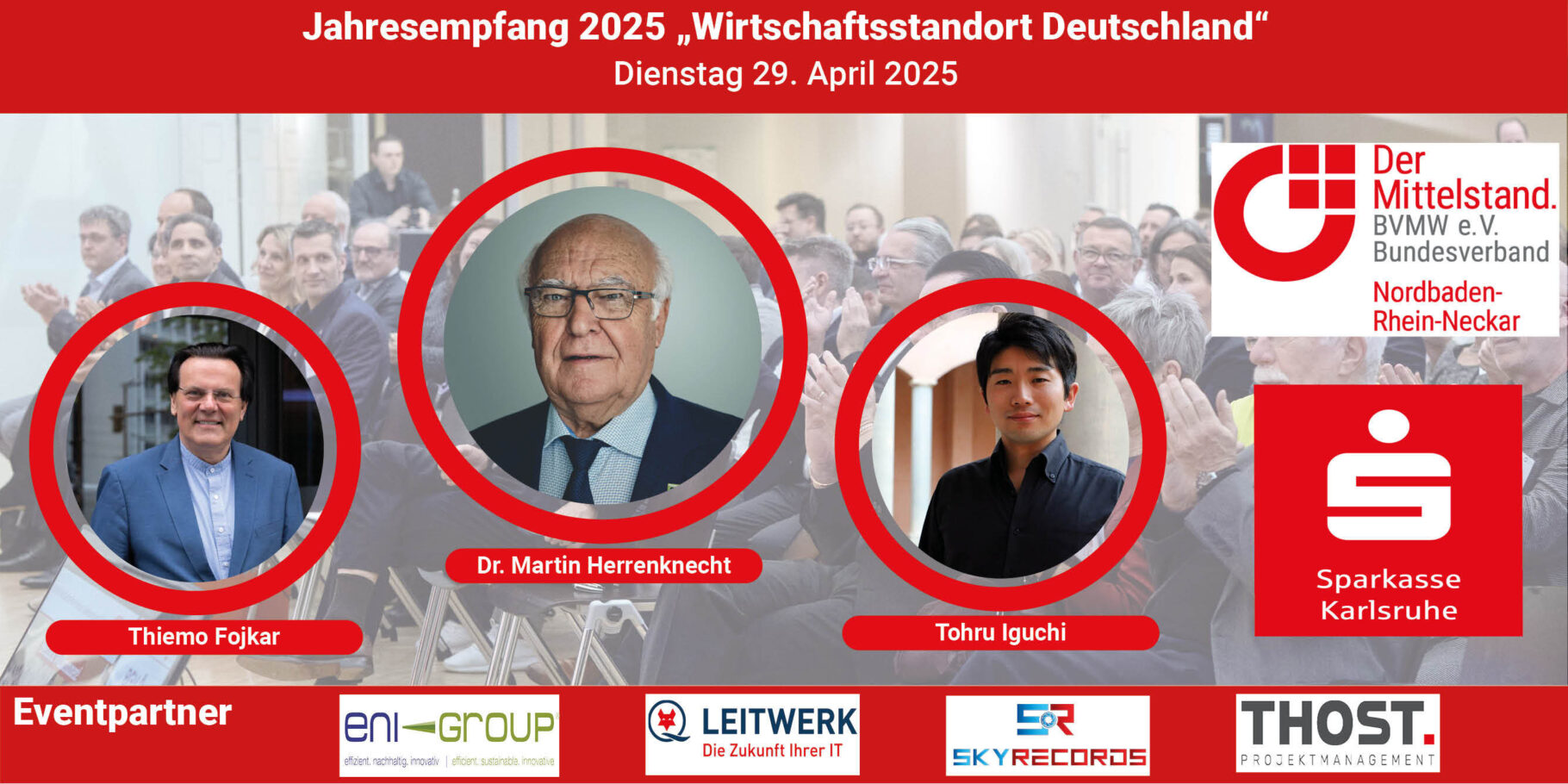 Banner zum jahresempfang des BVMW Nordbaden-Rhein-Neckar 2025 mit den Gesichtern der Hauptakteure