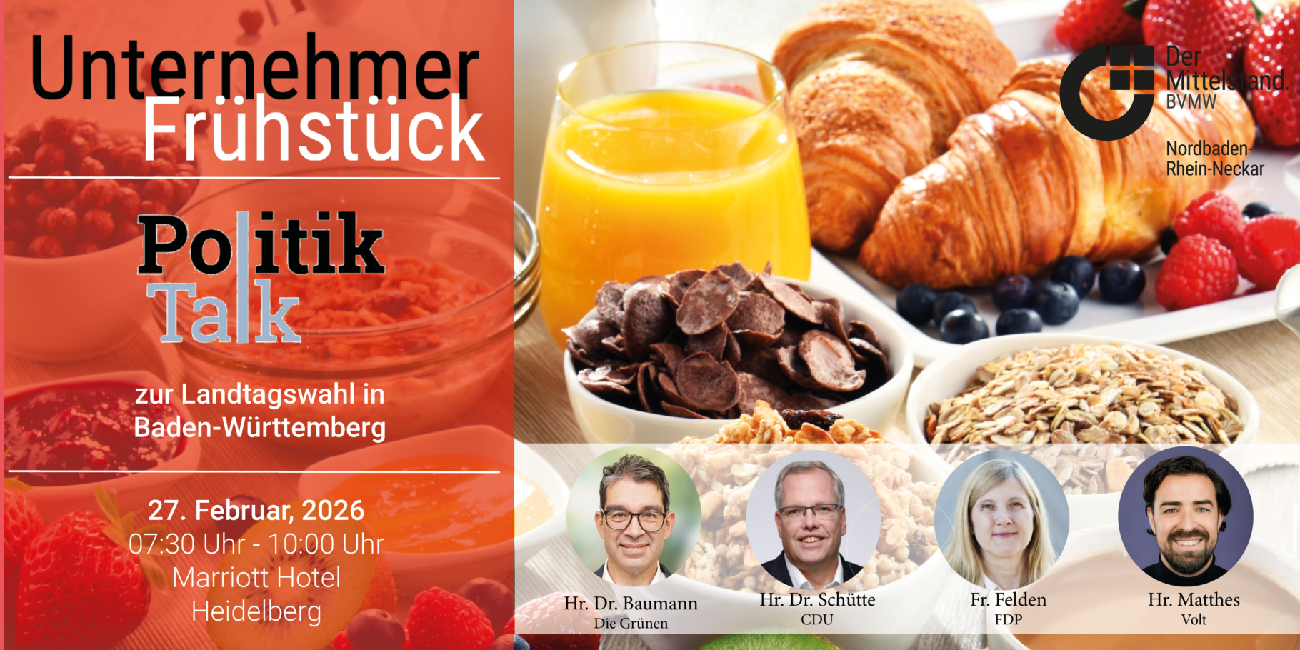 Banner zum UnternehmerFrühstück - PolitikTalk zur Landtagswahl Baden-Württemberg mit den Portraits aller kommenden Kandidaten