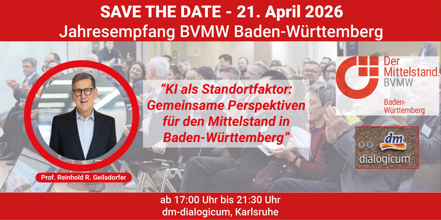 Banner mit Save the Date zum Jahresempfang des BVMW baden-Württemberg am 21. April 2026 in Karlsruhe