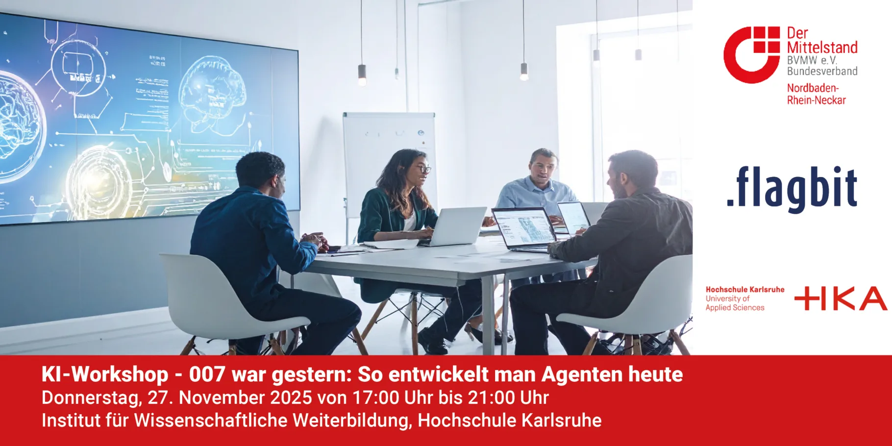 Banner zur Veranstaltung KI Workshop zeigt menschen mitv Laptops an einem Tisch in einer modernen Arbeitsumgebung