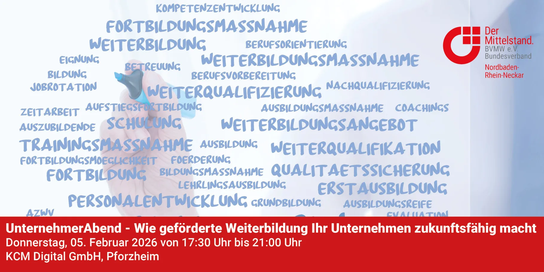 Banner mit Veranstaltung mit Wortwolke im Hintergrund