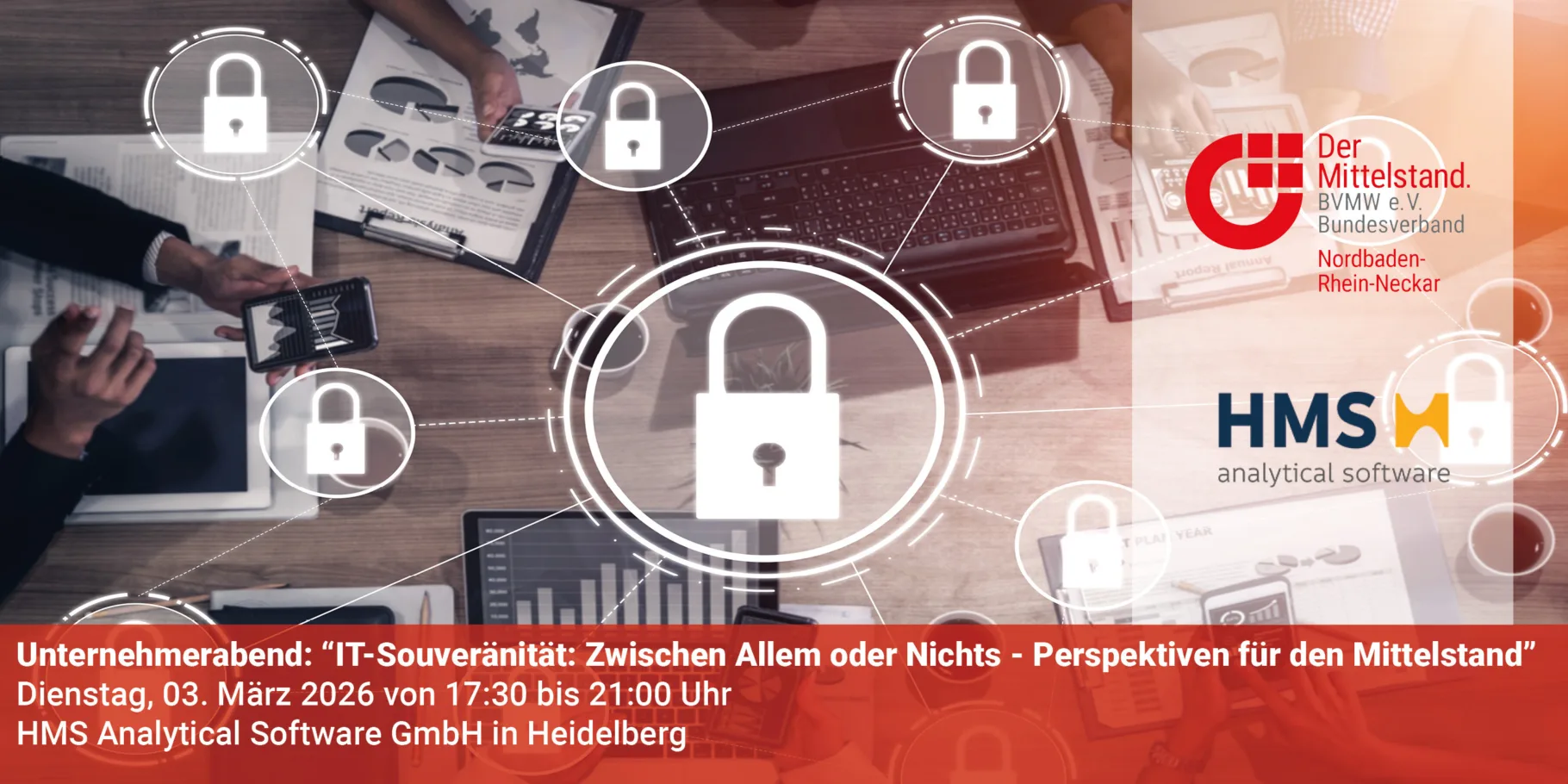 Banner zur Eventankündigung, im Hintergurnd Computer, die über ein Netzwerk an Schlössern verknüpft sind