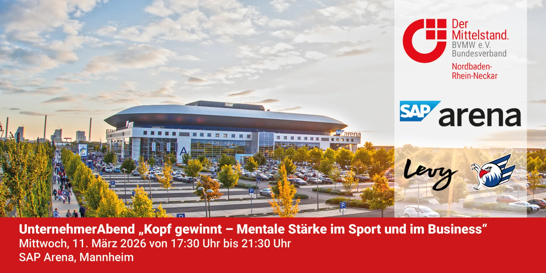 Banner zur Veranstaltung mit Blick auf die SAP Arena Mannheim