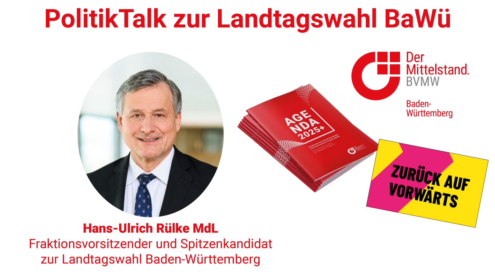 Startfolie mit Bild von Rükle sowie von Agenda 2025+ des BVMW und Bild des Wahlprogramms der FDP